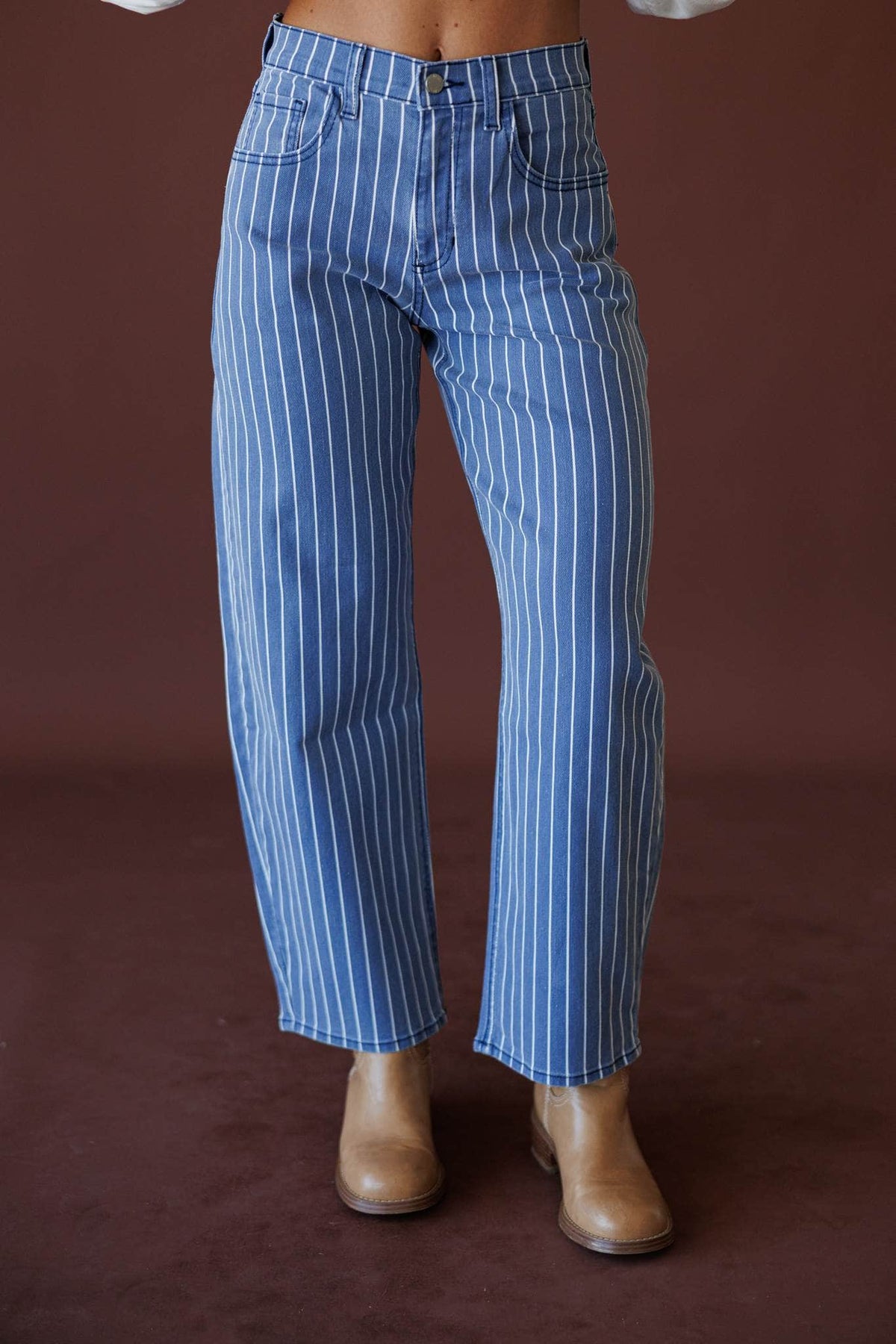 Just Black Striped Barrel Jean, front view of the striped barrel leg