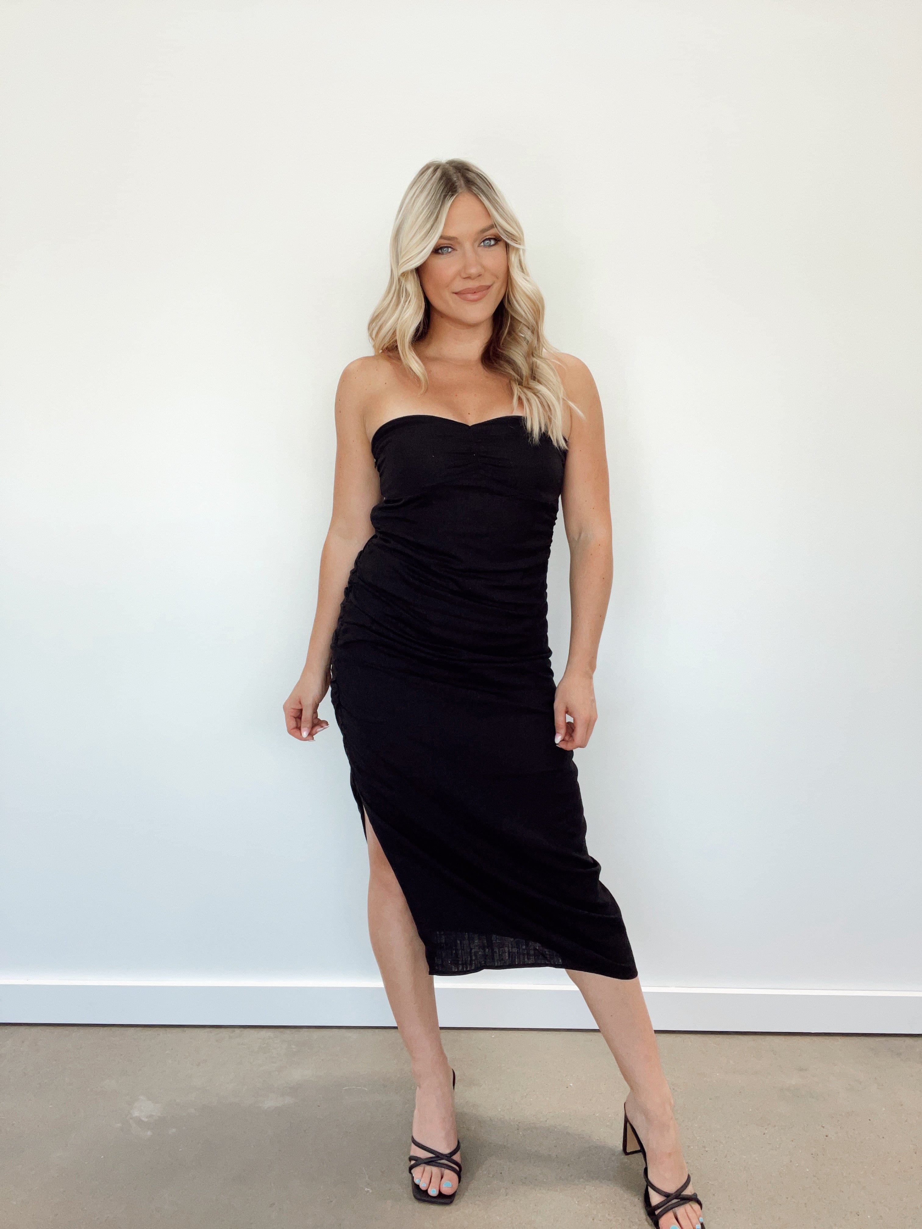 KD7585 black tube ruched midi dress LE LIS