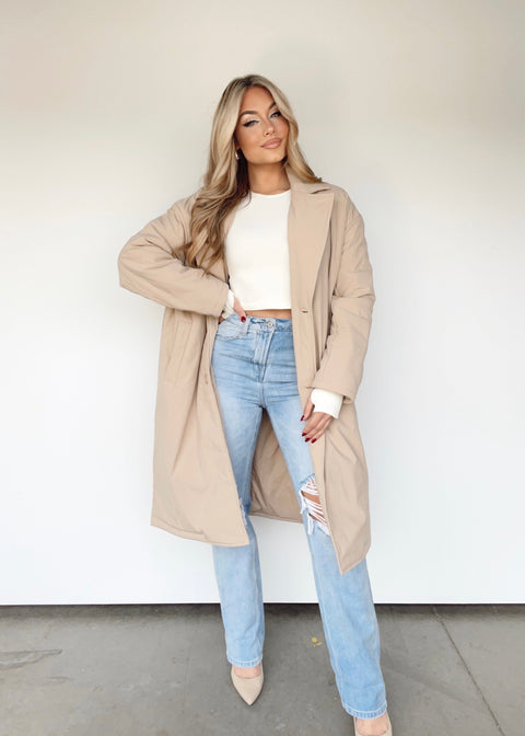 Belted Coat In Sand, Beige Coat Style