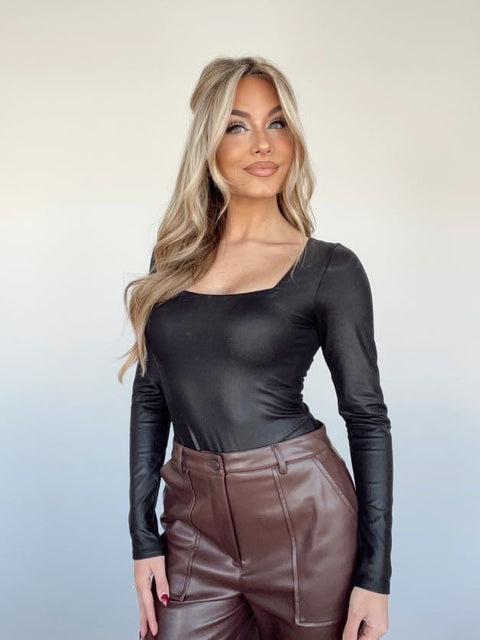 Black Faux Leather V Wire Bodysuit