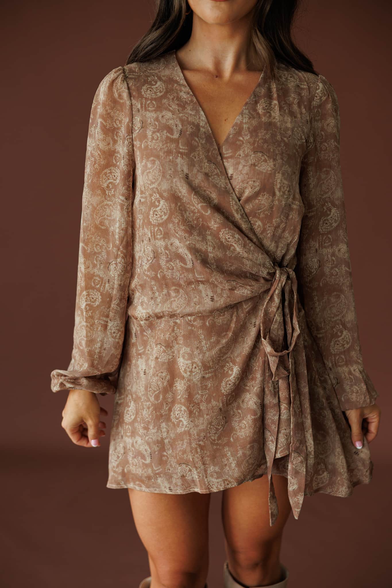 Taupe Paisley Wrap Dress