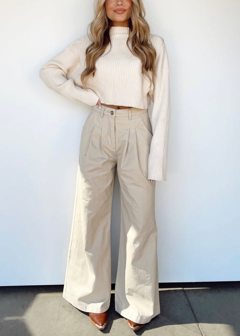 Never Miss Beige High-Waisted Wide-Leg Pleated Trouser Pants