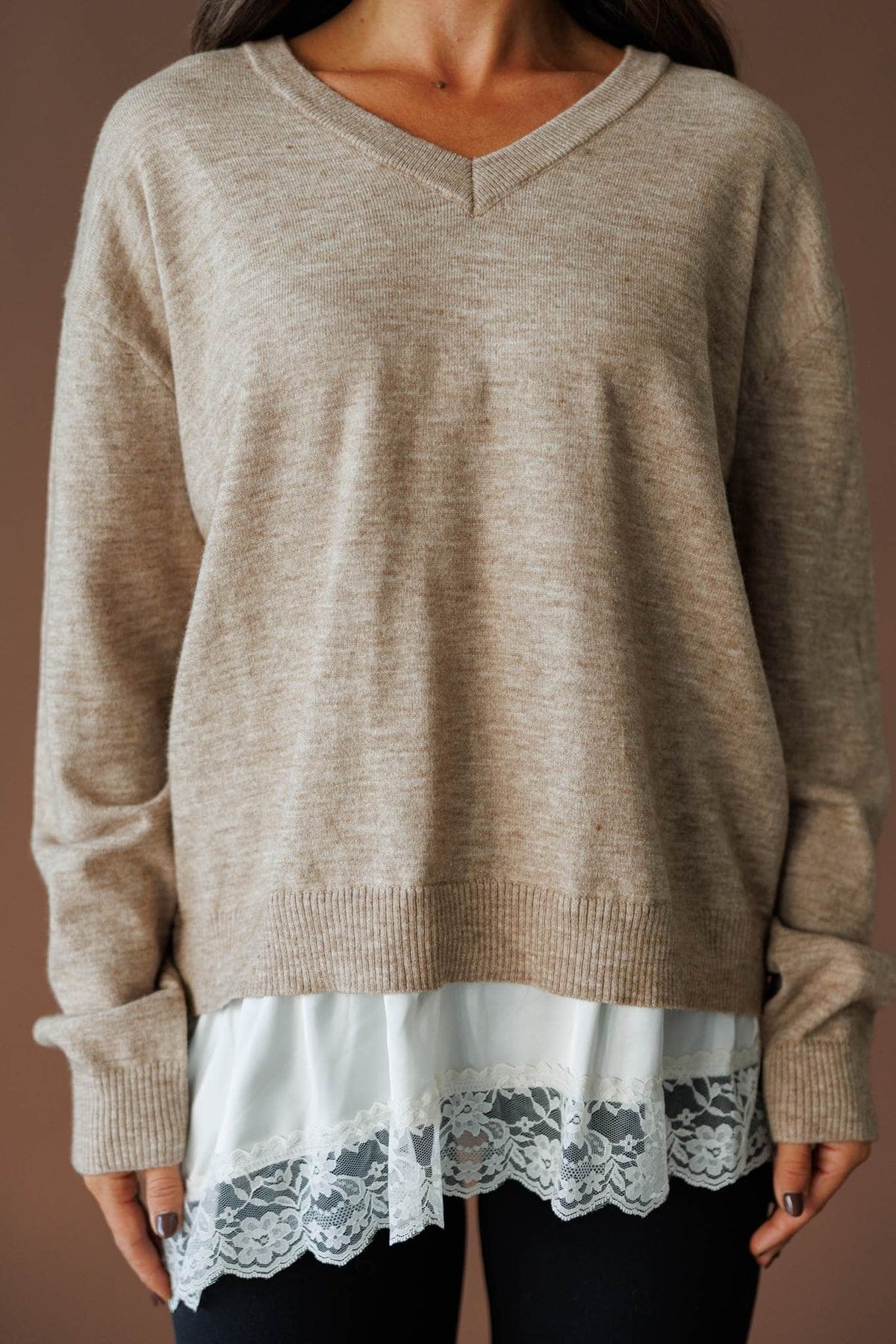 Lace layer V neck sweater
