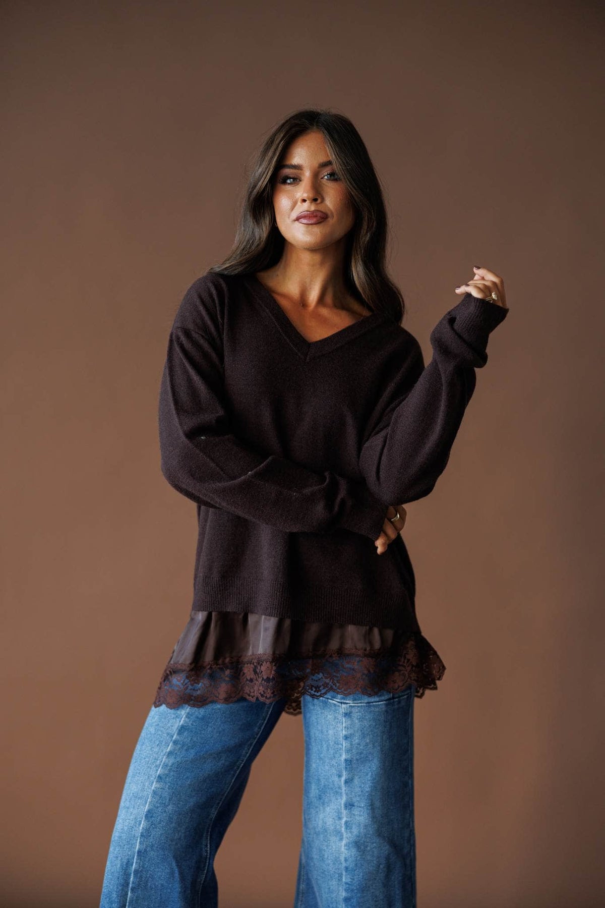 Lace layer V neck sweater