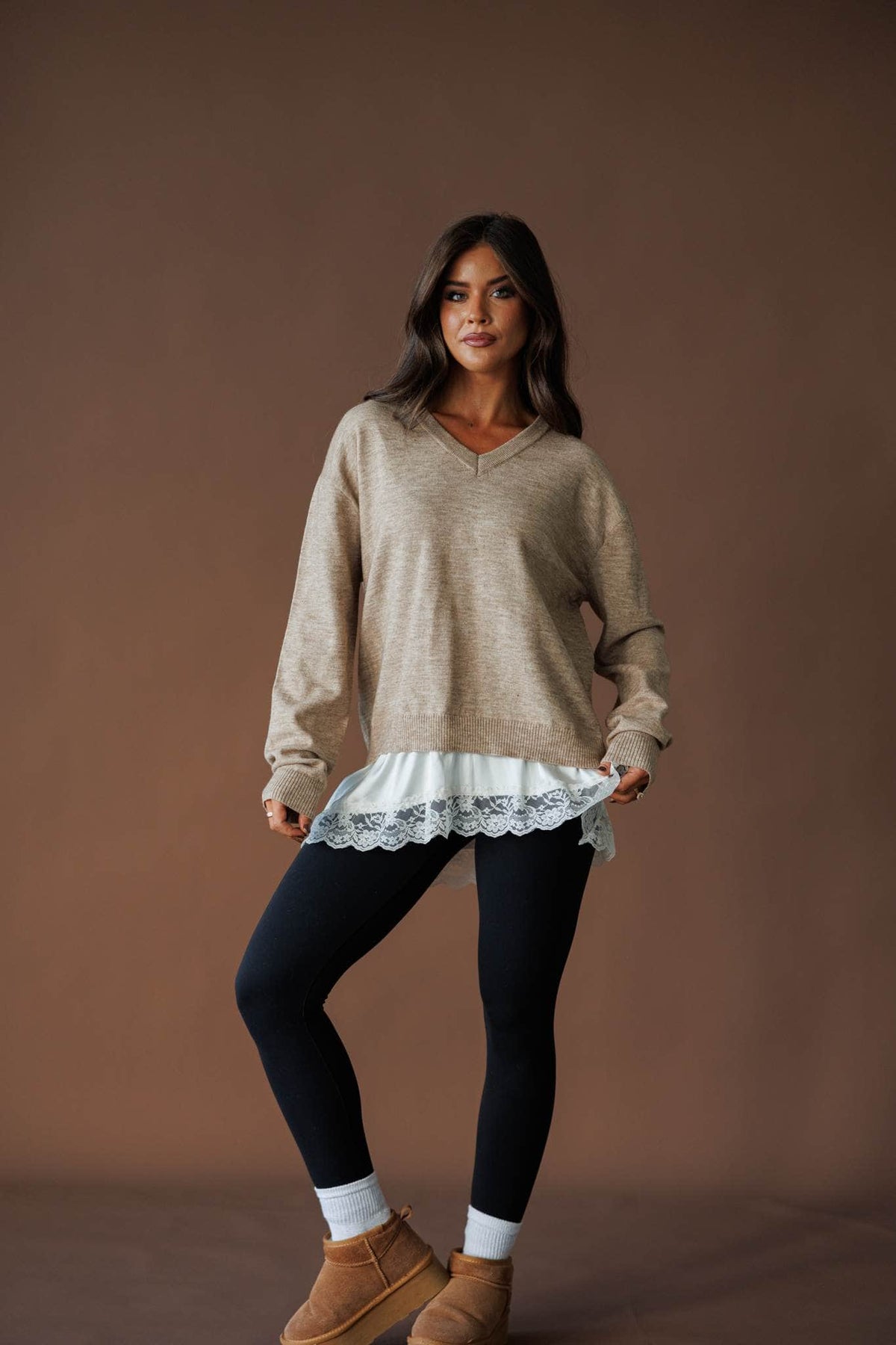 Lace layer V neck sweater