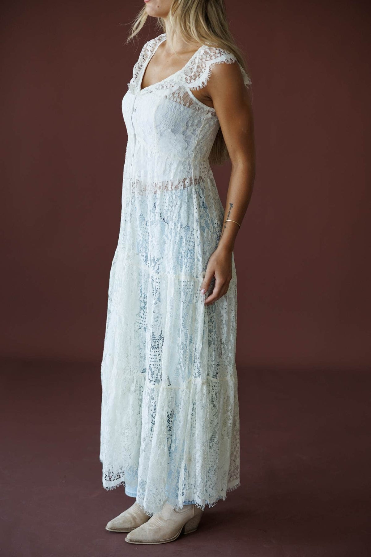 Lace Trail Maxi Top in cream, full-length view on model with cream boots