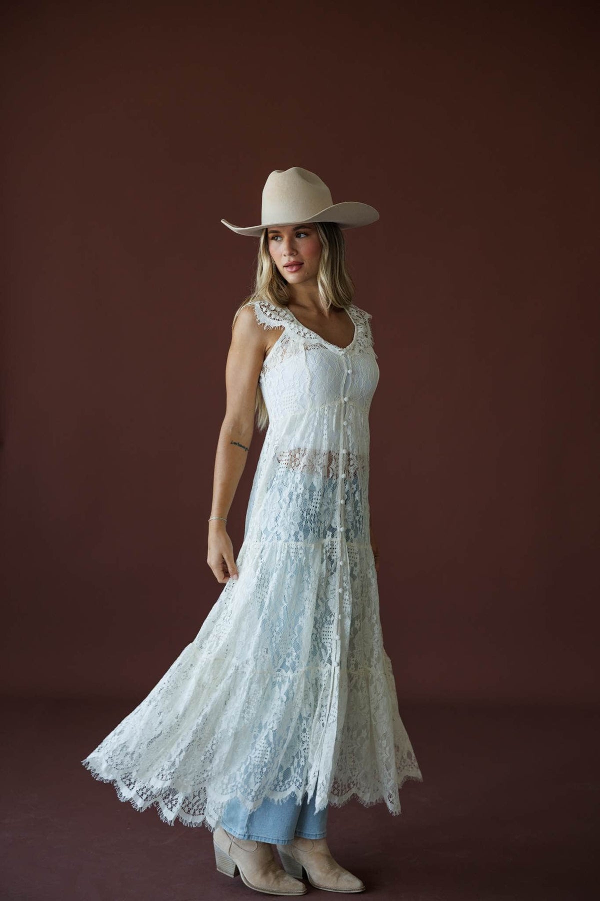 Lace Trail Maxi Top in cream, side view showing the tiered lace maxi