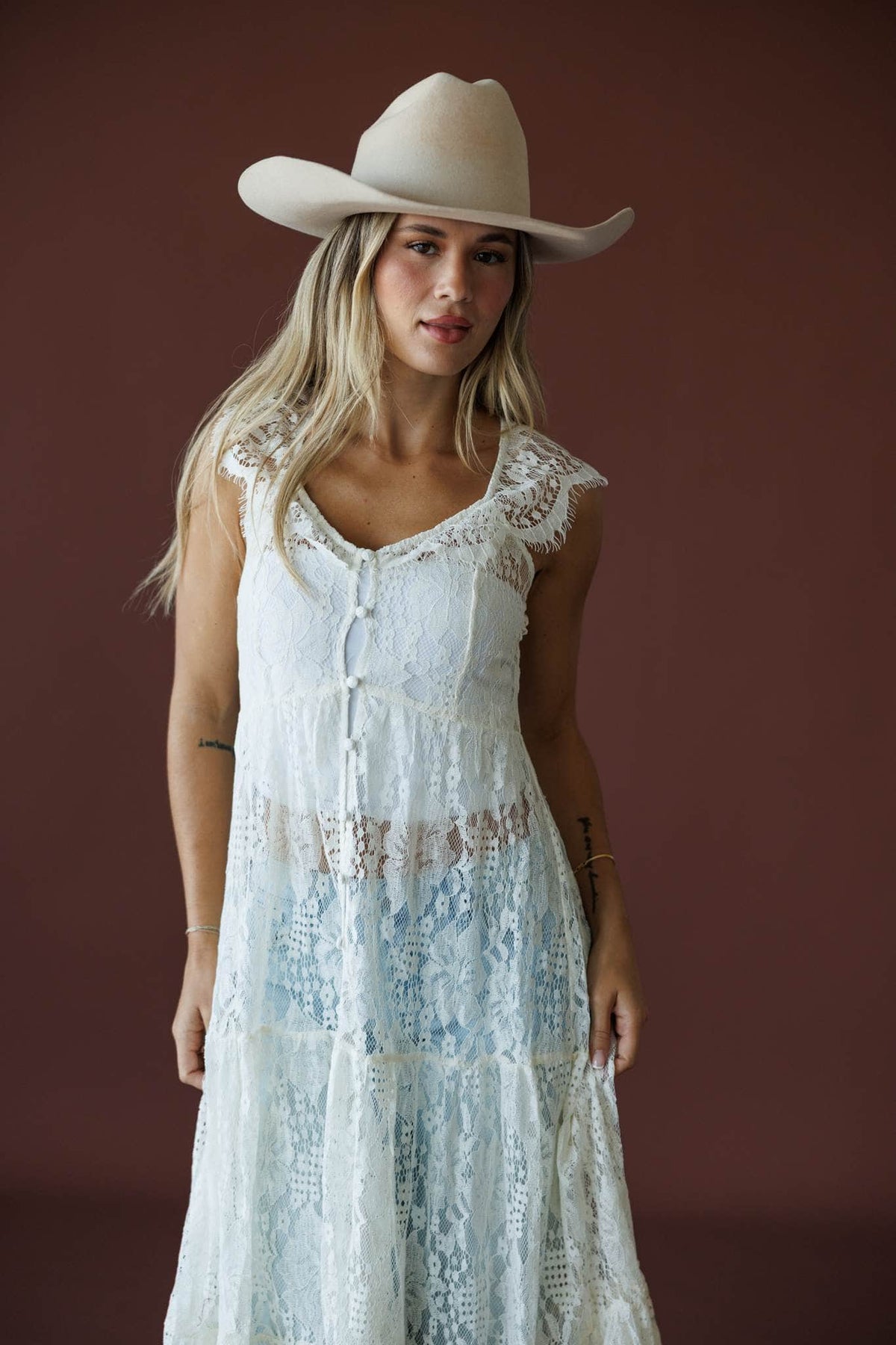 Lace Trail Maxi Top in cream, full-length view on model with a wide brim hat