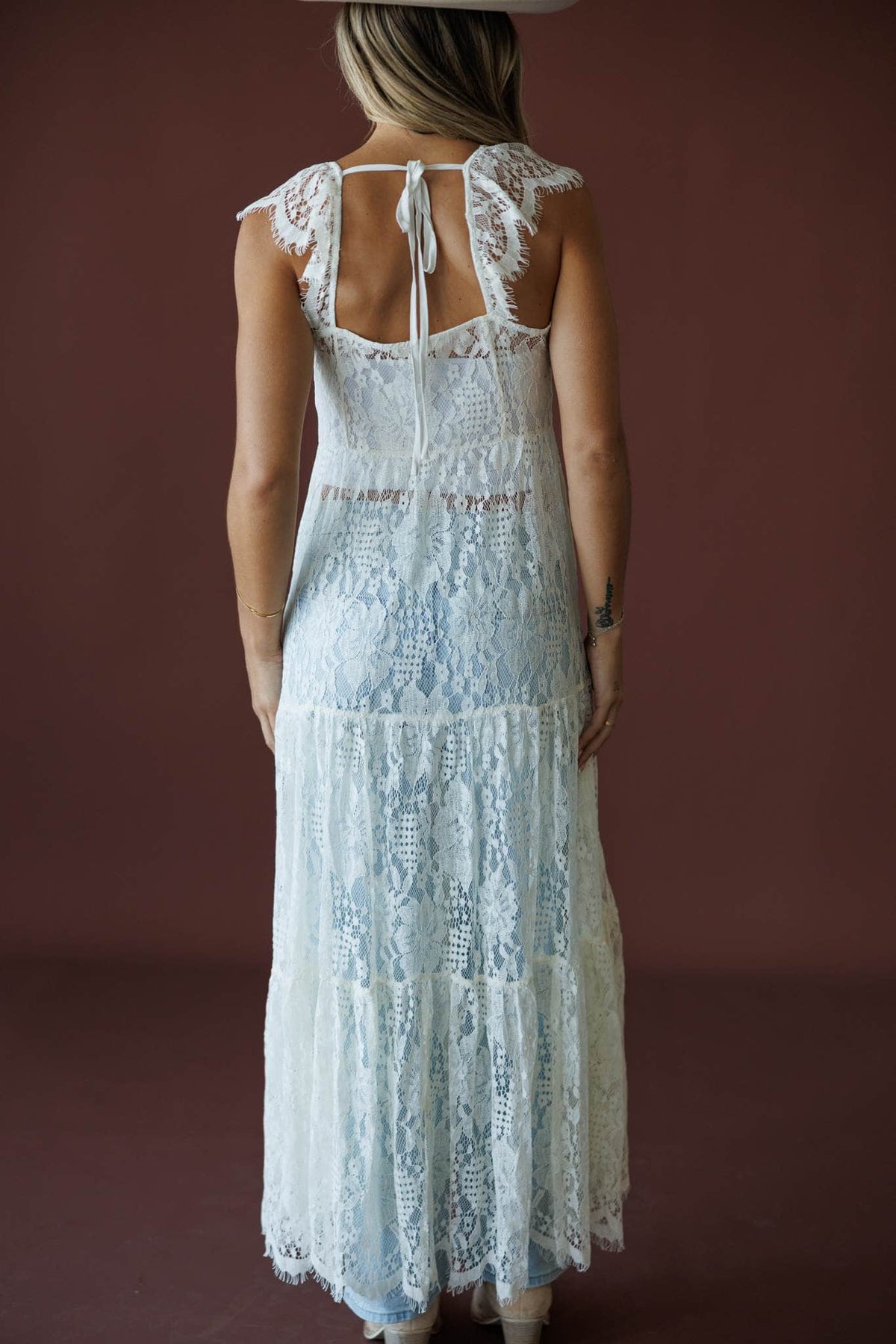 Lace Trail Maxi Top in cream, back view showing the keyhole back and lace