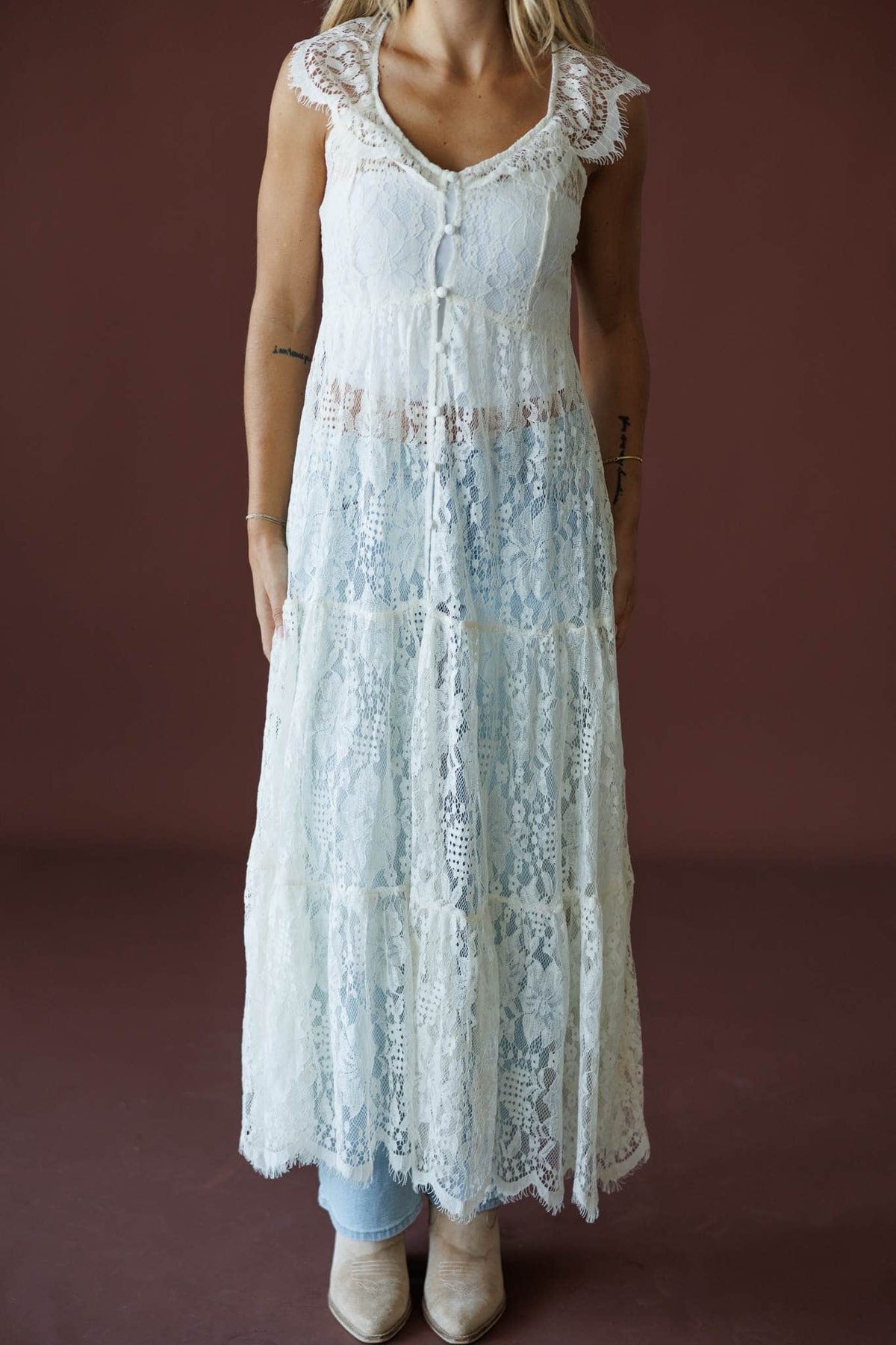 Lace Trail Maxi Top in cream, front view showing the button front and tiered lace