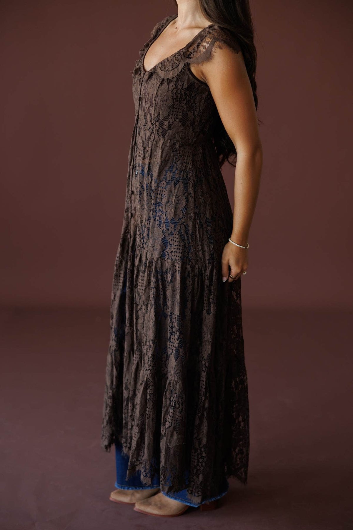 Lace Trail Maxi Top in chocolate, side view showing the tiered lace maxi