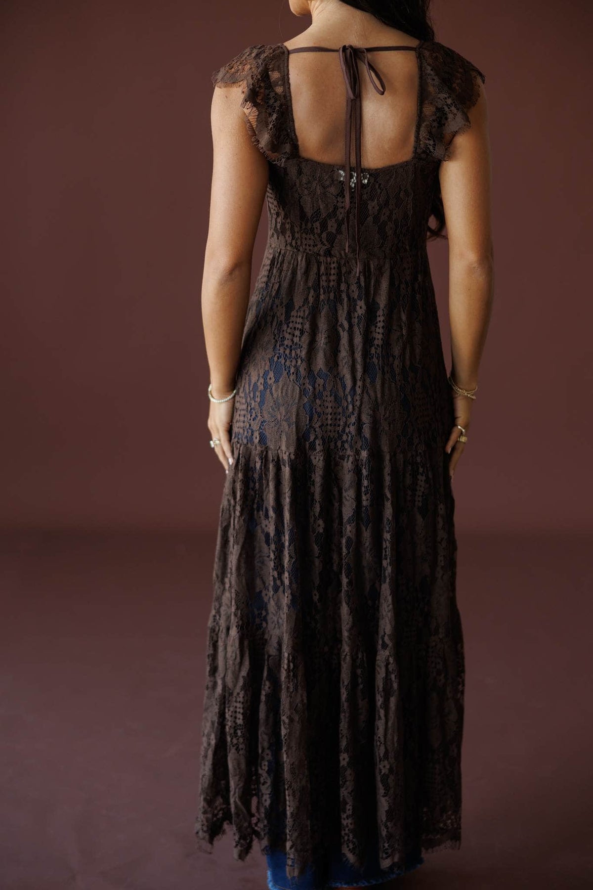 Lace Trail Maxi Top in chocolate, back view showing the keyhole back and lace