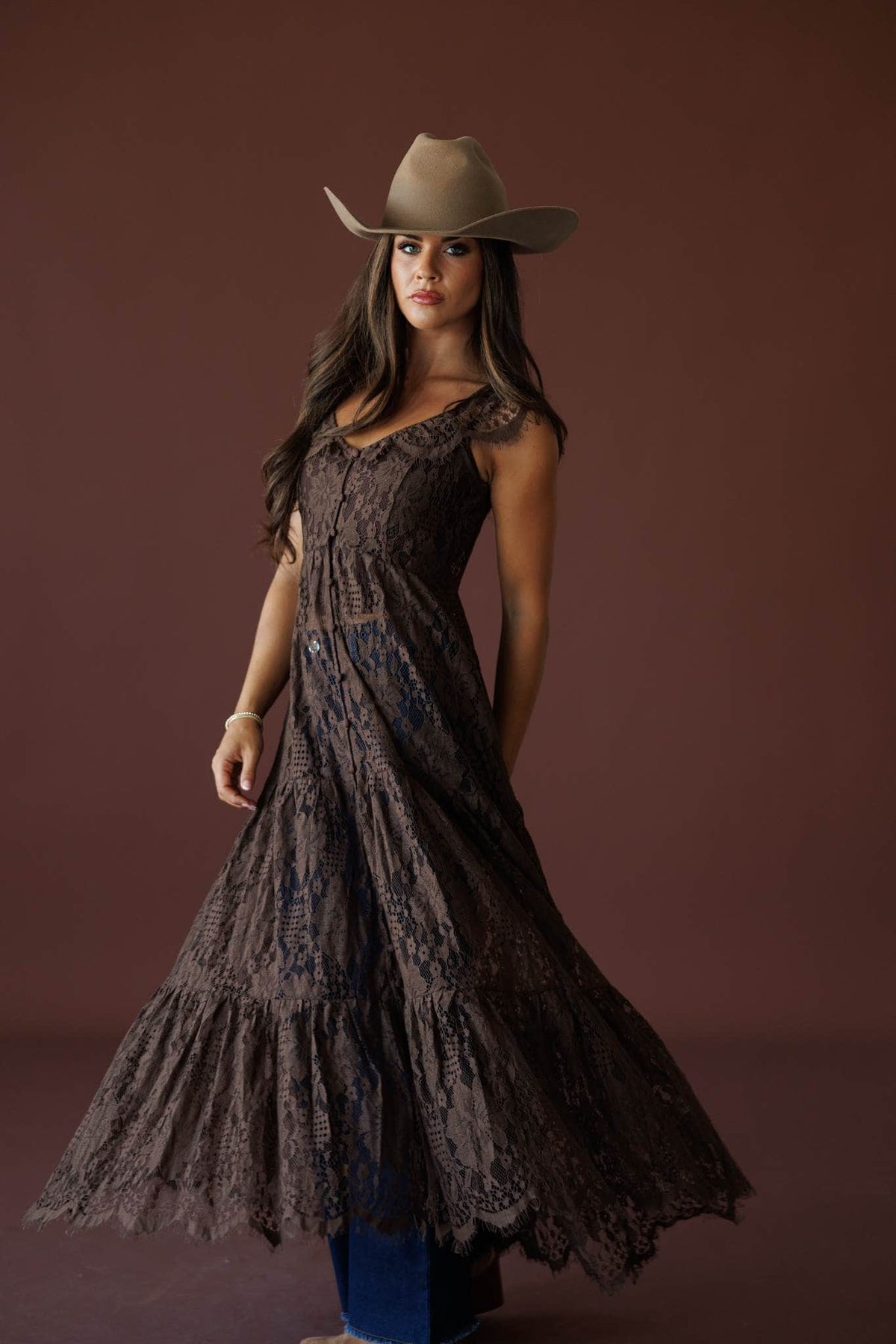 Lace Trail Maxi Top in chocolate, full-length view on model with the lace in motion