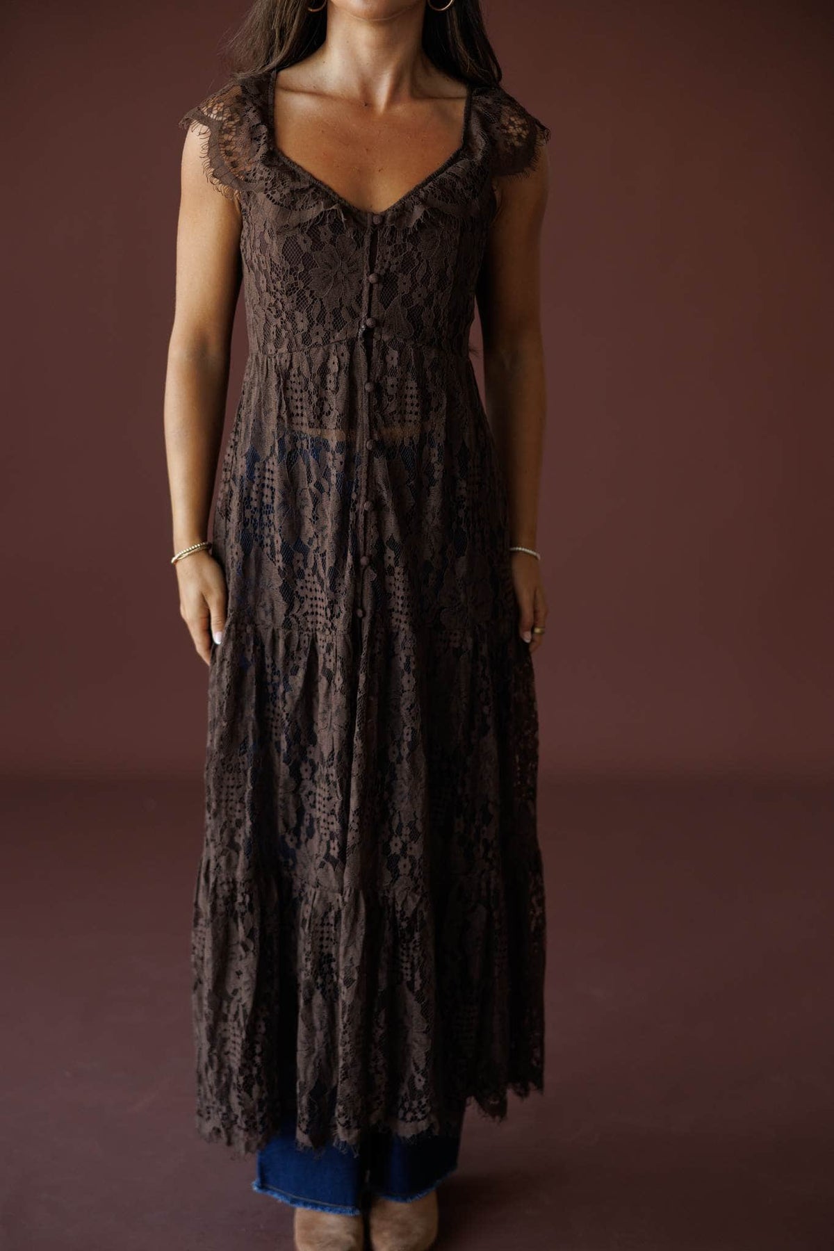 Lace Trail Maxi Top in chocolate, front view showing the V neck and tiered lace