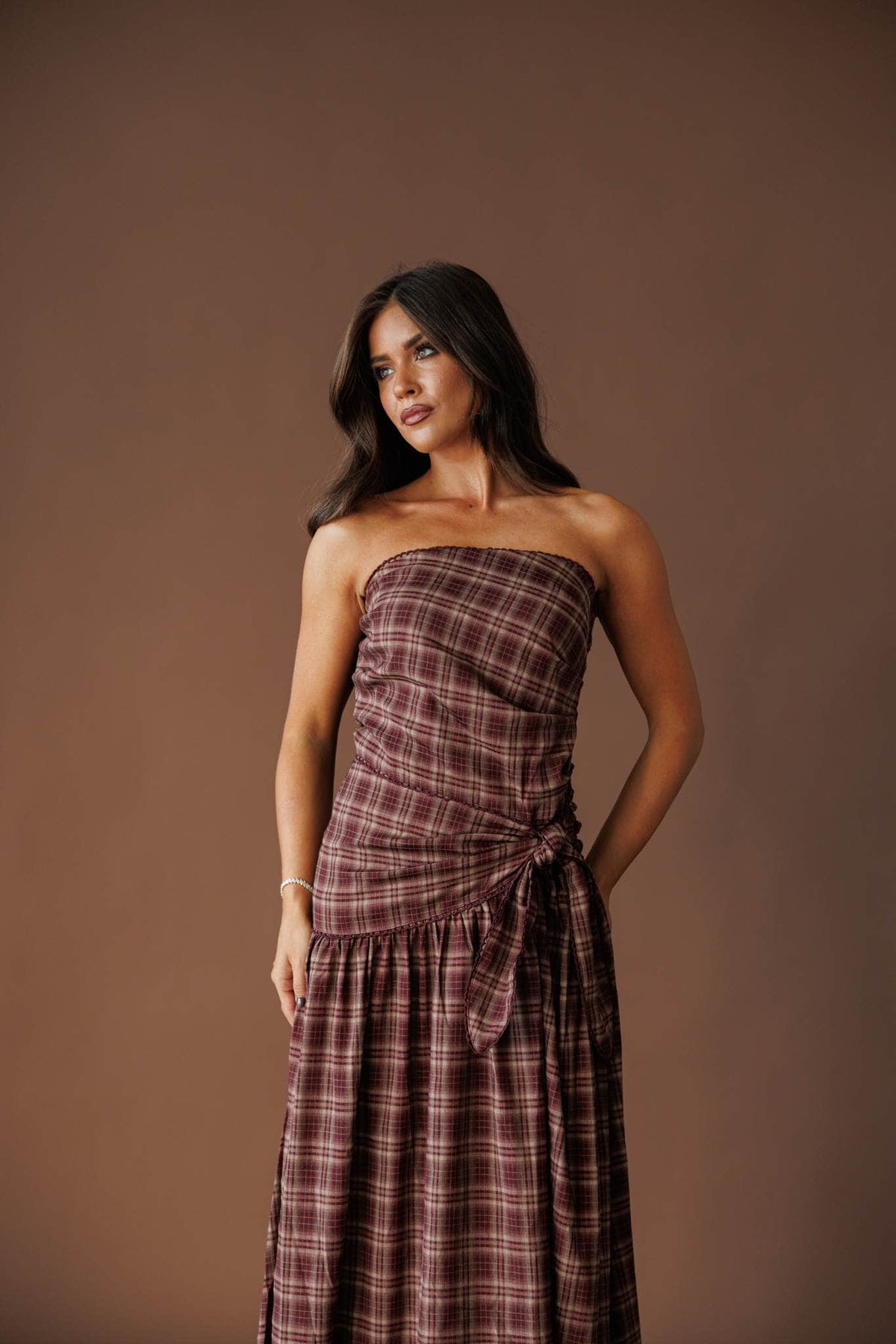 Plaid strapless maxi dress