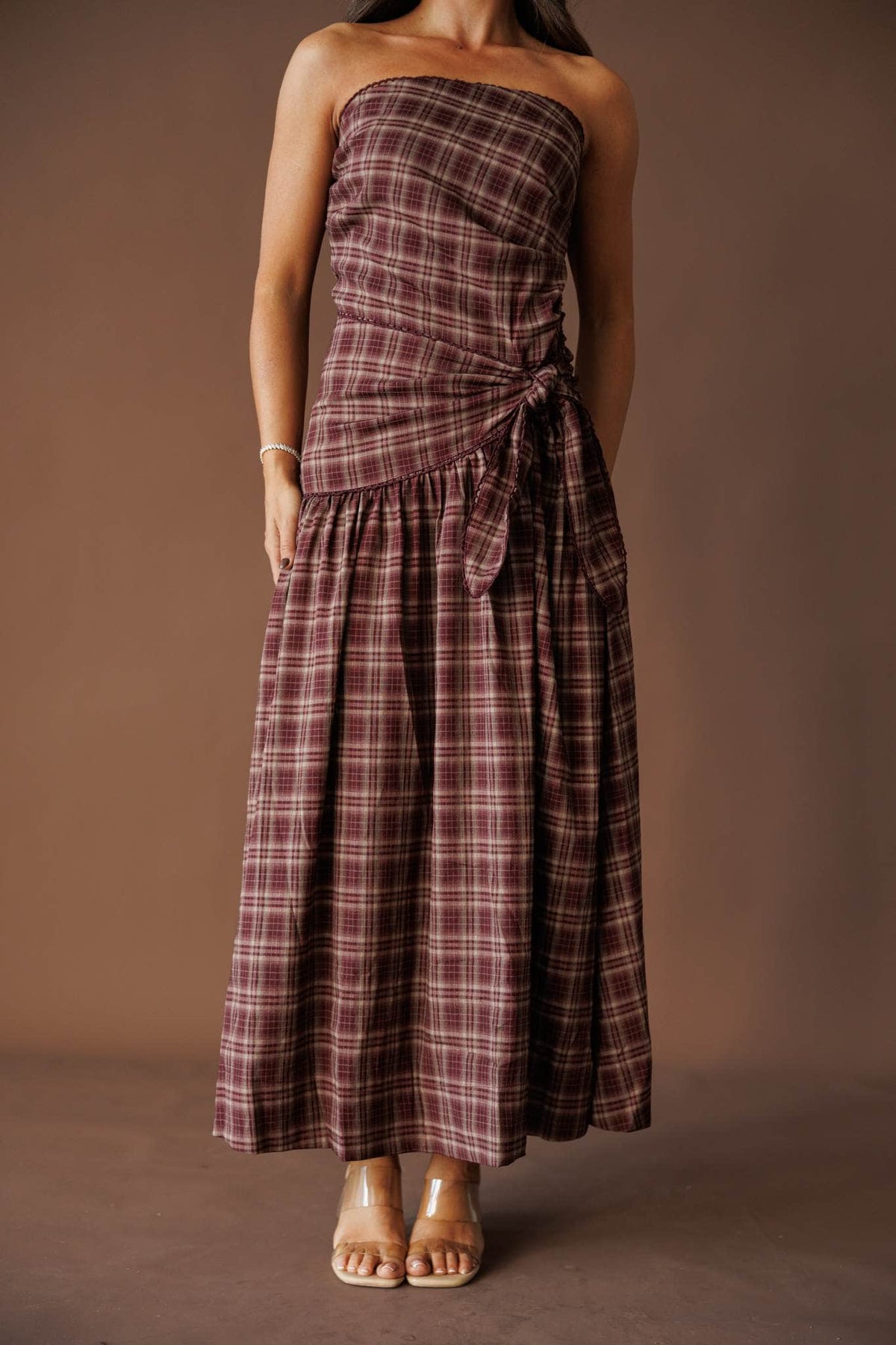 Plaid strapless maxi dress