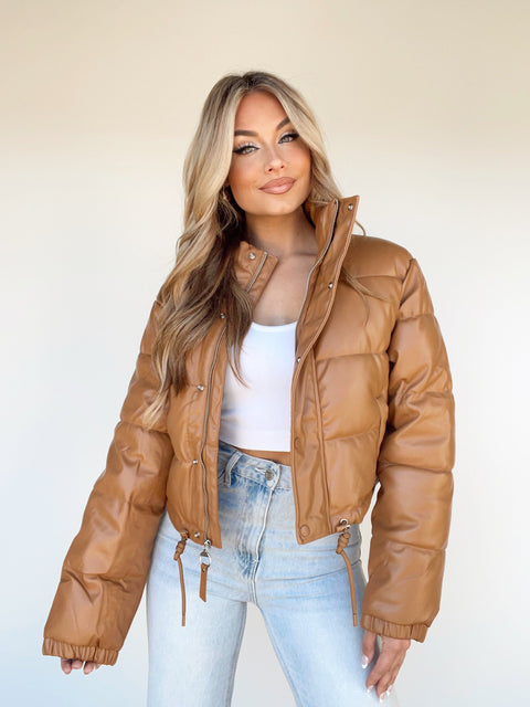 Leather Puffer Down Jacket (Light Brown)