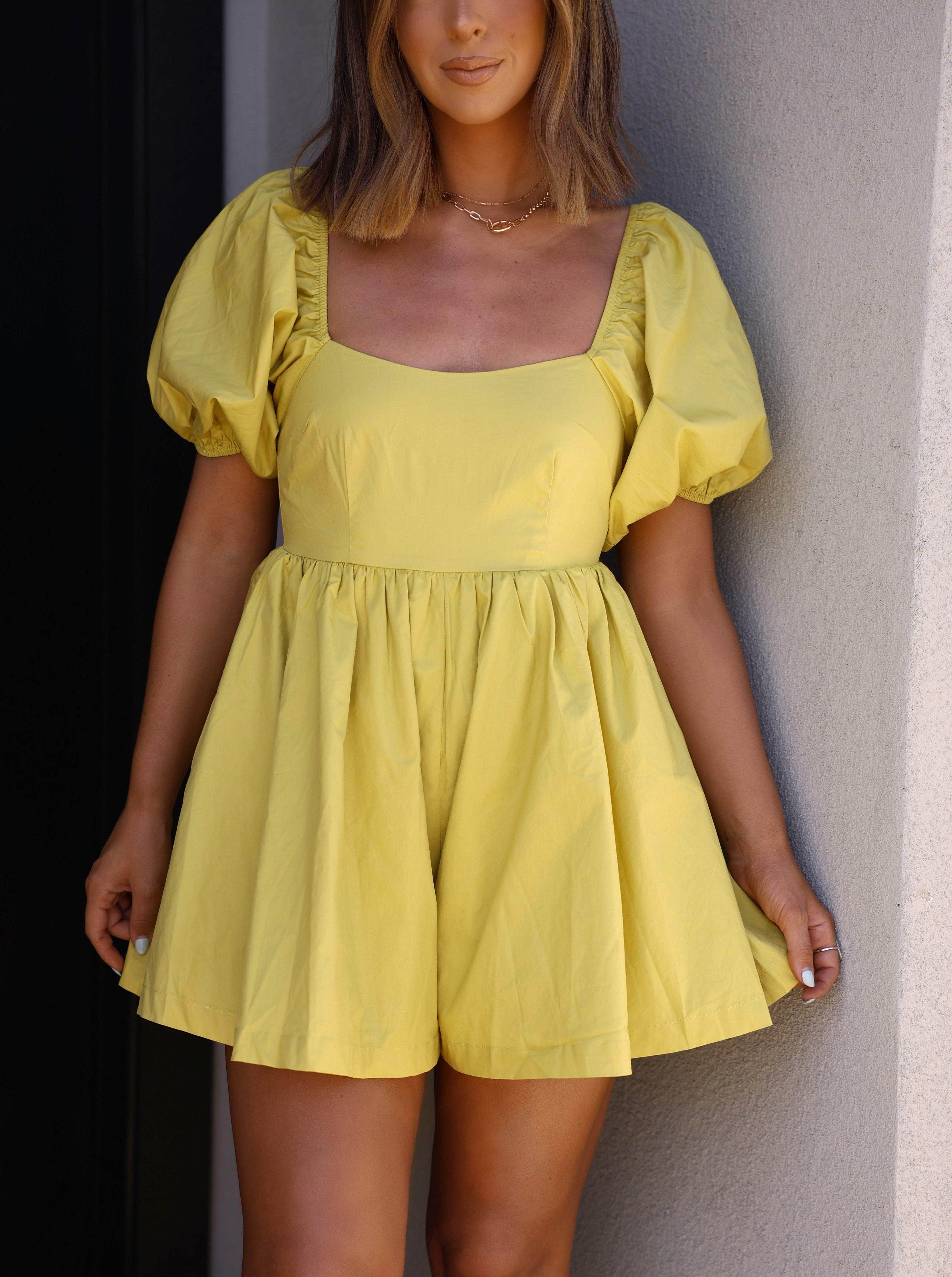 Lime Green Babydoll Romper | Puff Sleeve One‑Piece Outfit | Lane 201