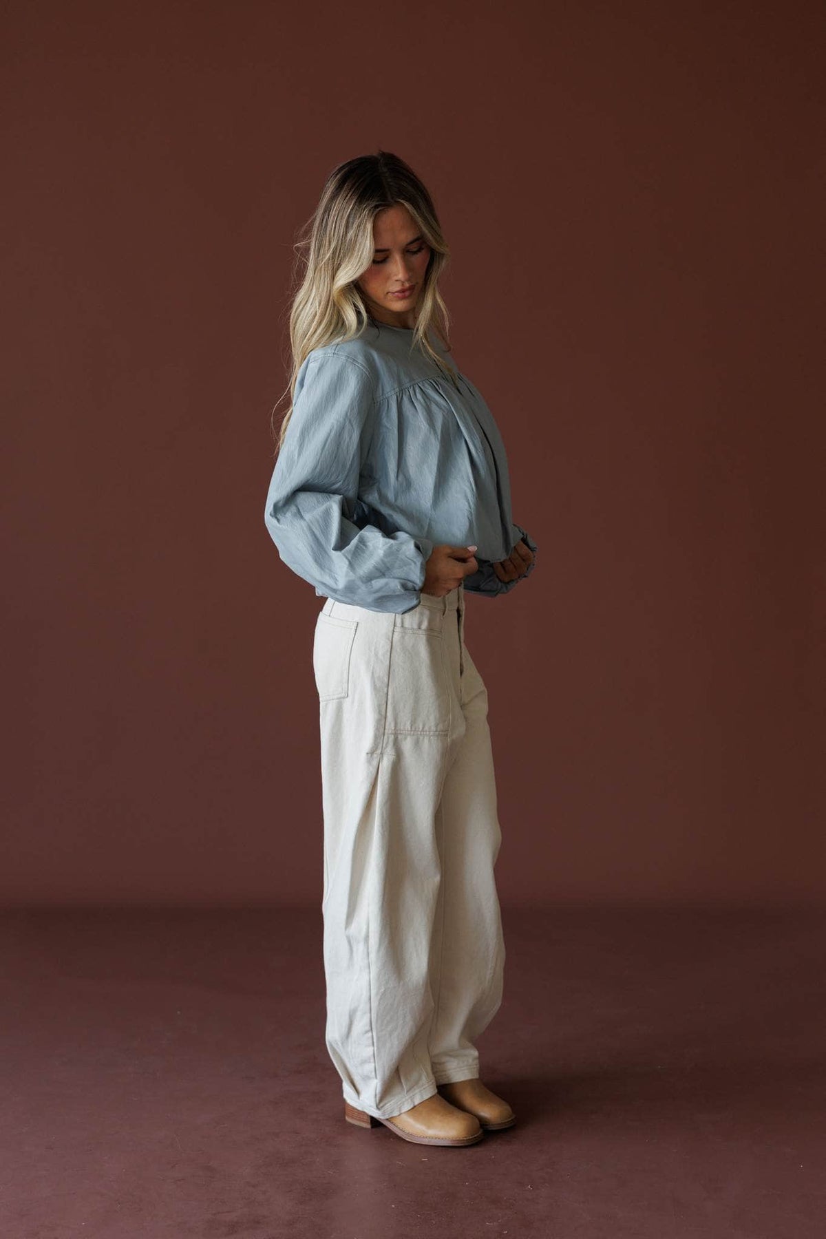 Daily Edition Jacket in fog blue, full-length view on model turned to the side