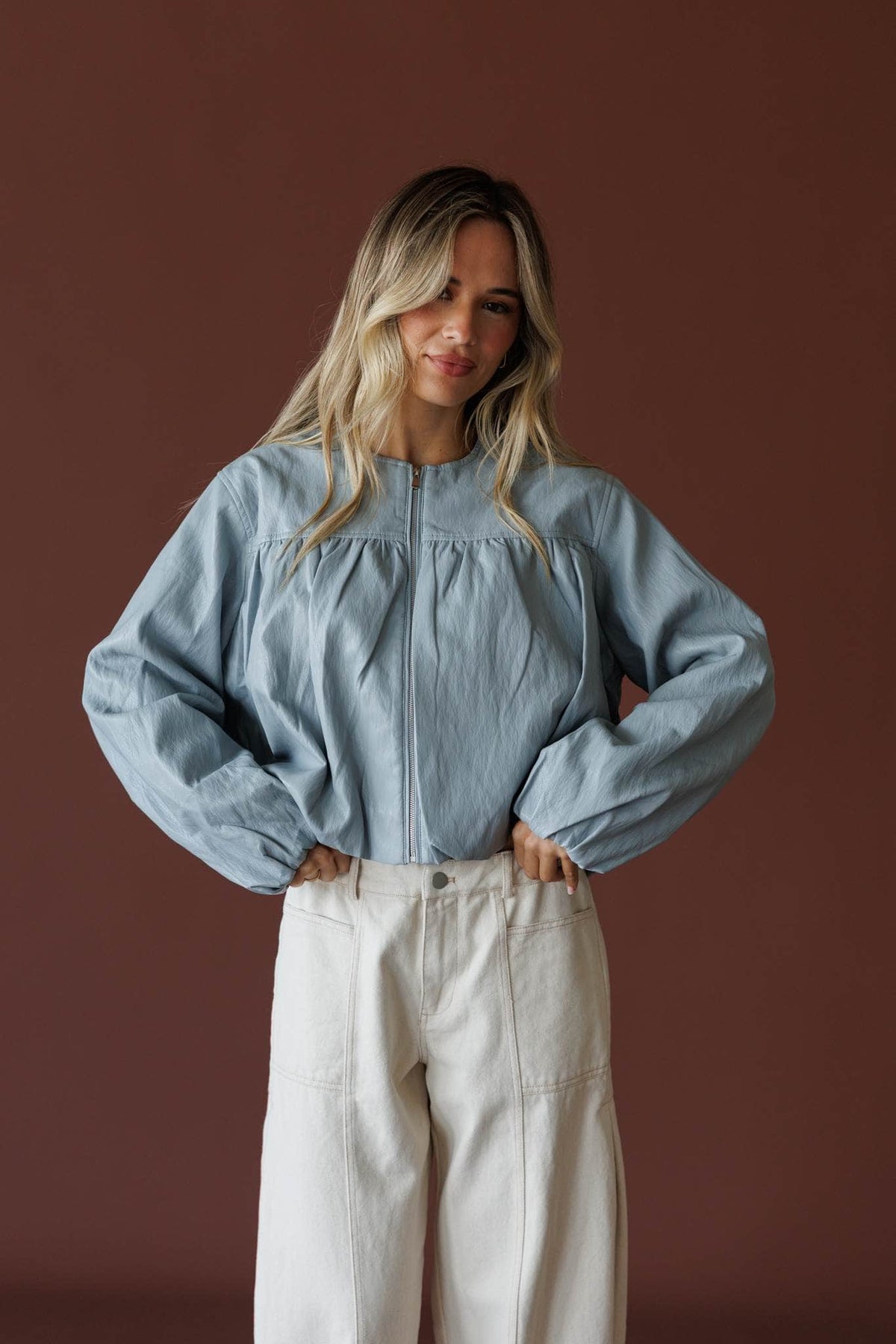 Daily Edition Jacket in fog blue, full-length view with cream wide leg pants