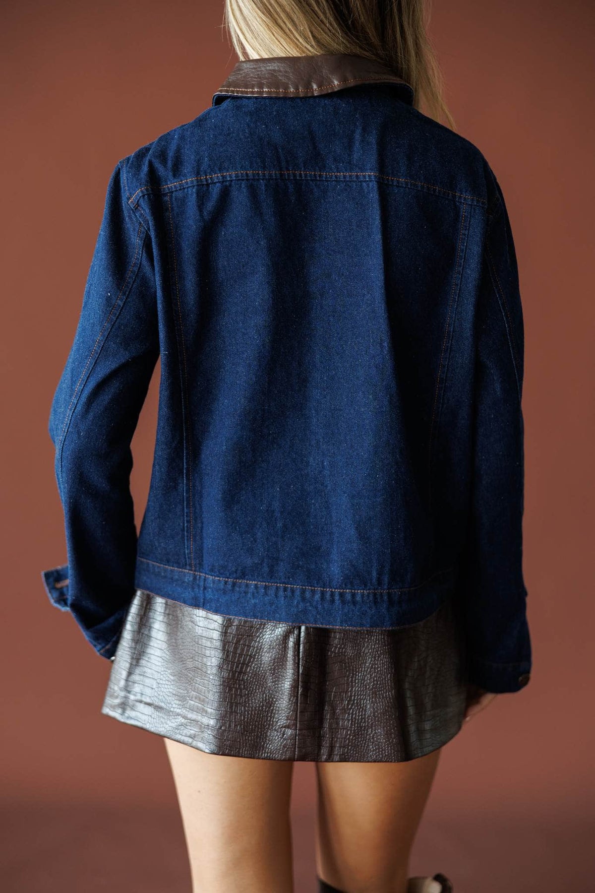 On Location Denim Jacket in medium denim, back view showing the boxy denim jacket