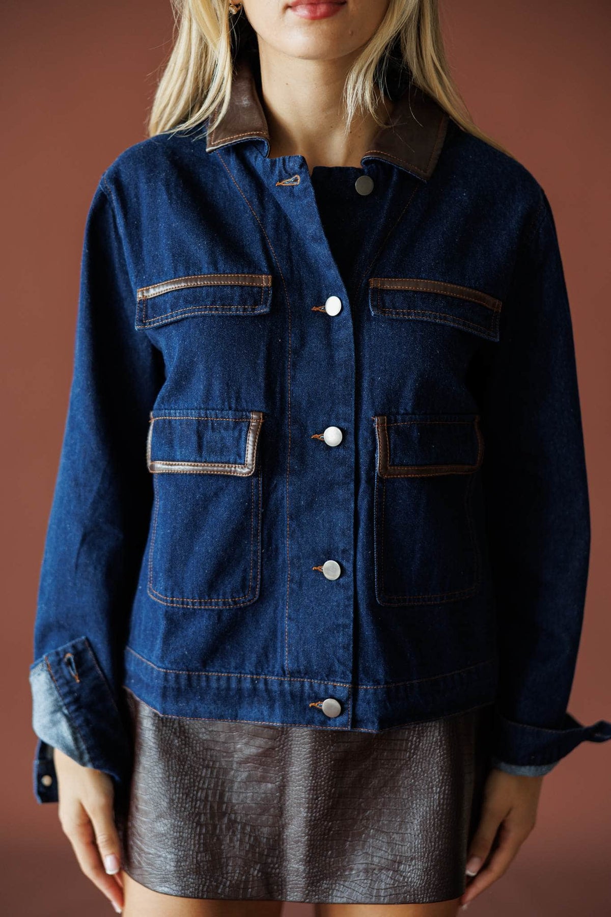 On Location Denim Jacket in medium denim, front close-up of the contrast collar and pockets