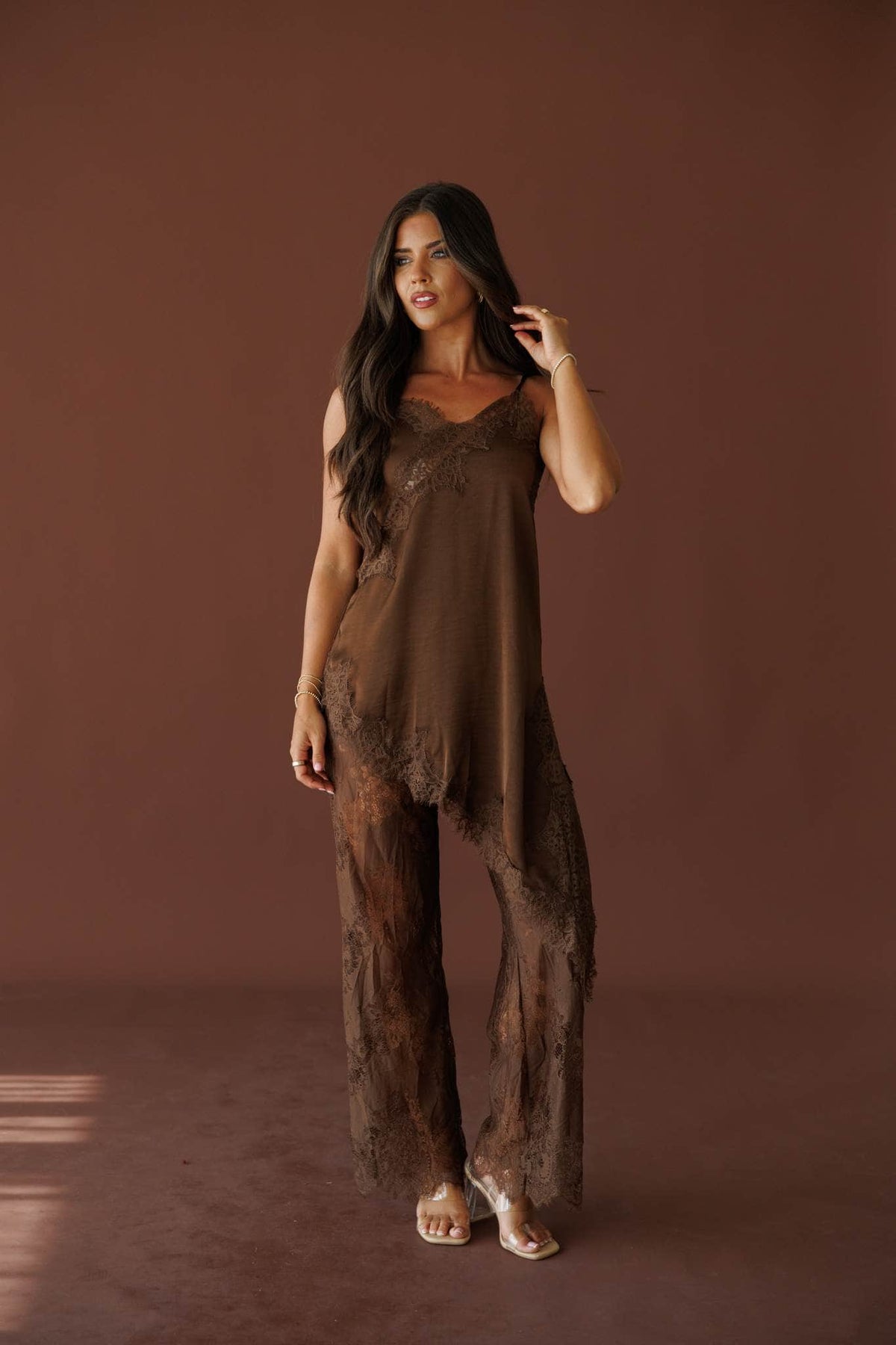 Love Letters Lace Pants in brown, full-length front view on model with a matching cami