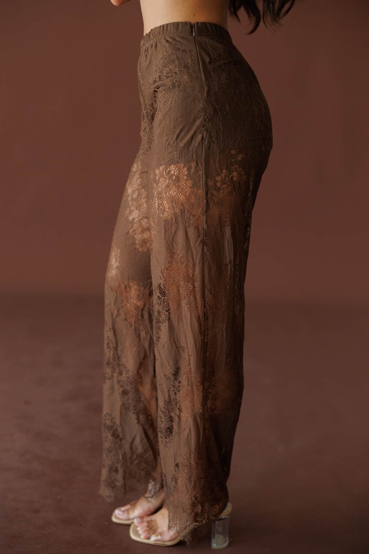 Love Letters Lace Pants in brown, back view showing the sheer lace and wide leg