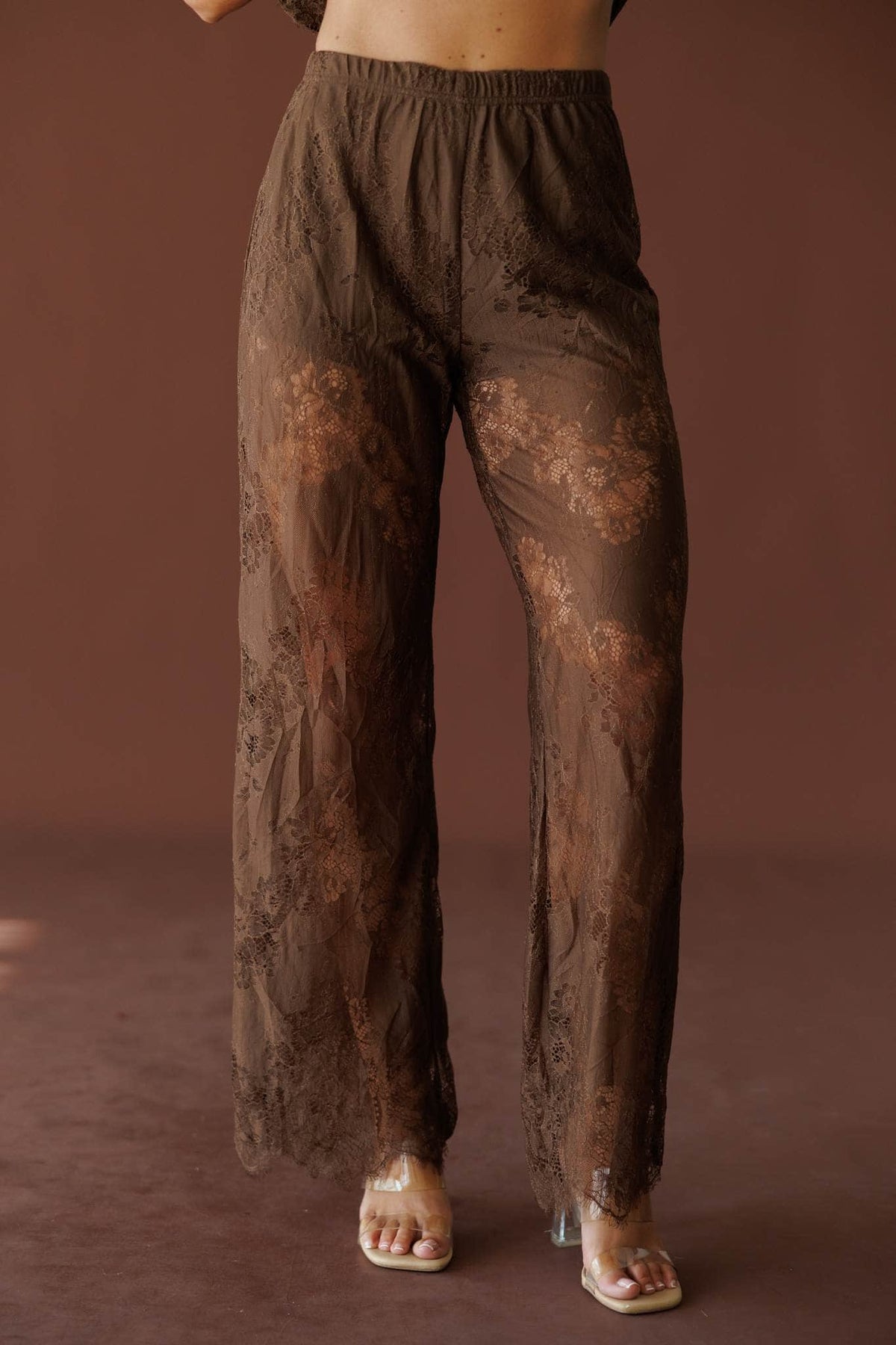 Love Letters Lace Pants in brown, front close-up of the sheer floral lace