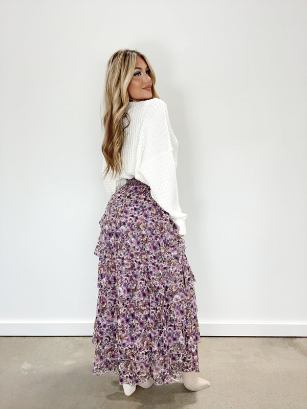 LSK0228-VOL floral print tiered ruffle maxi skirt with slit Listicle