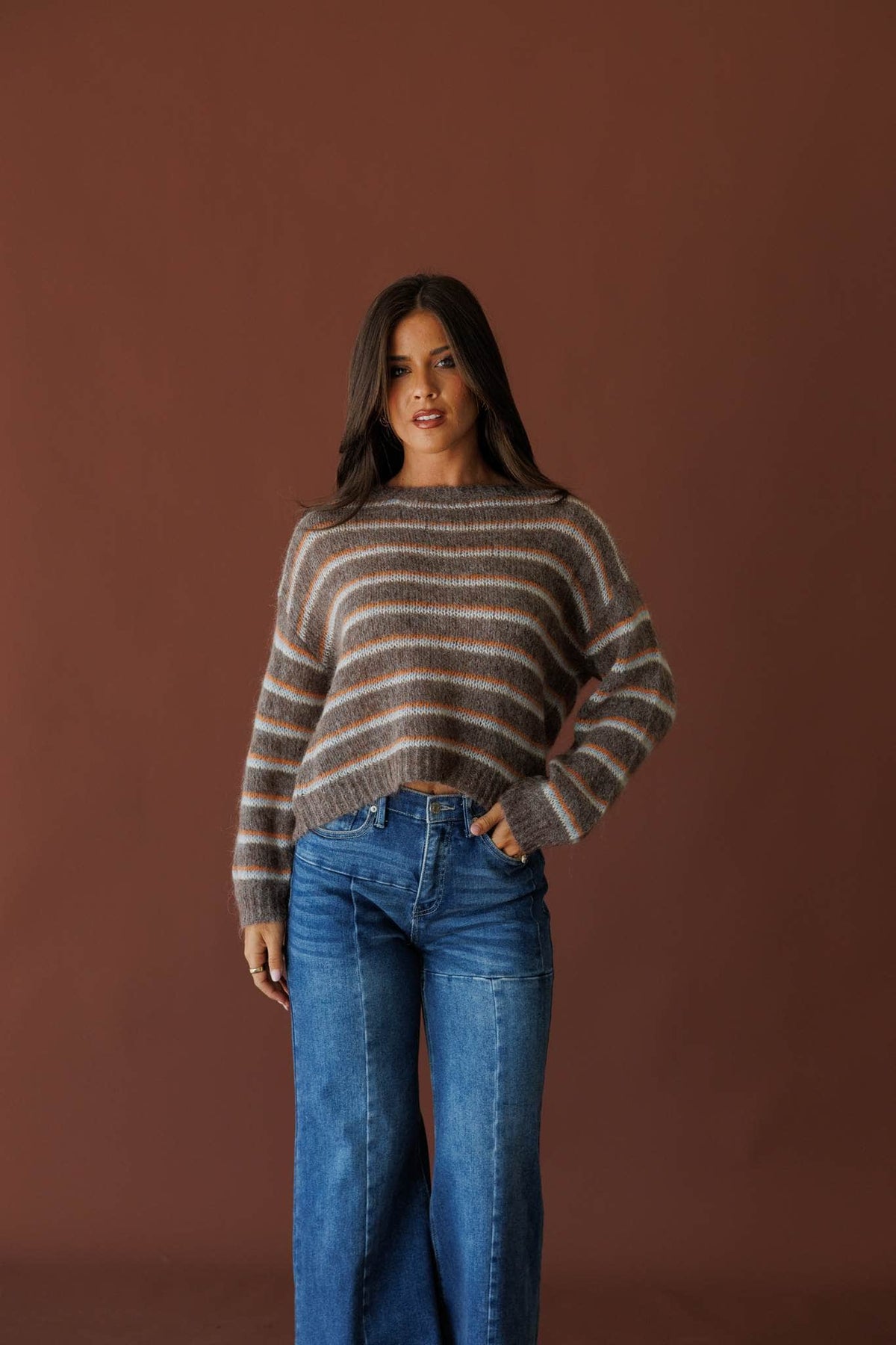 Mocha stripe knit sweater, front view