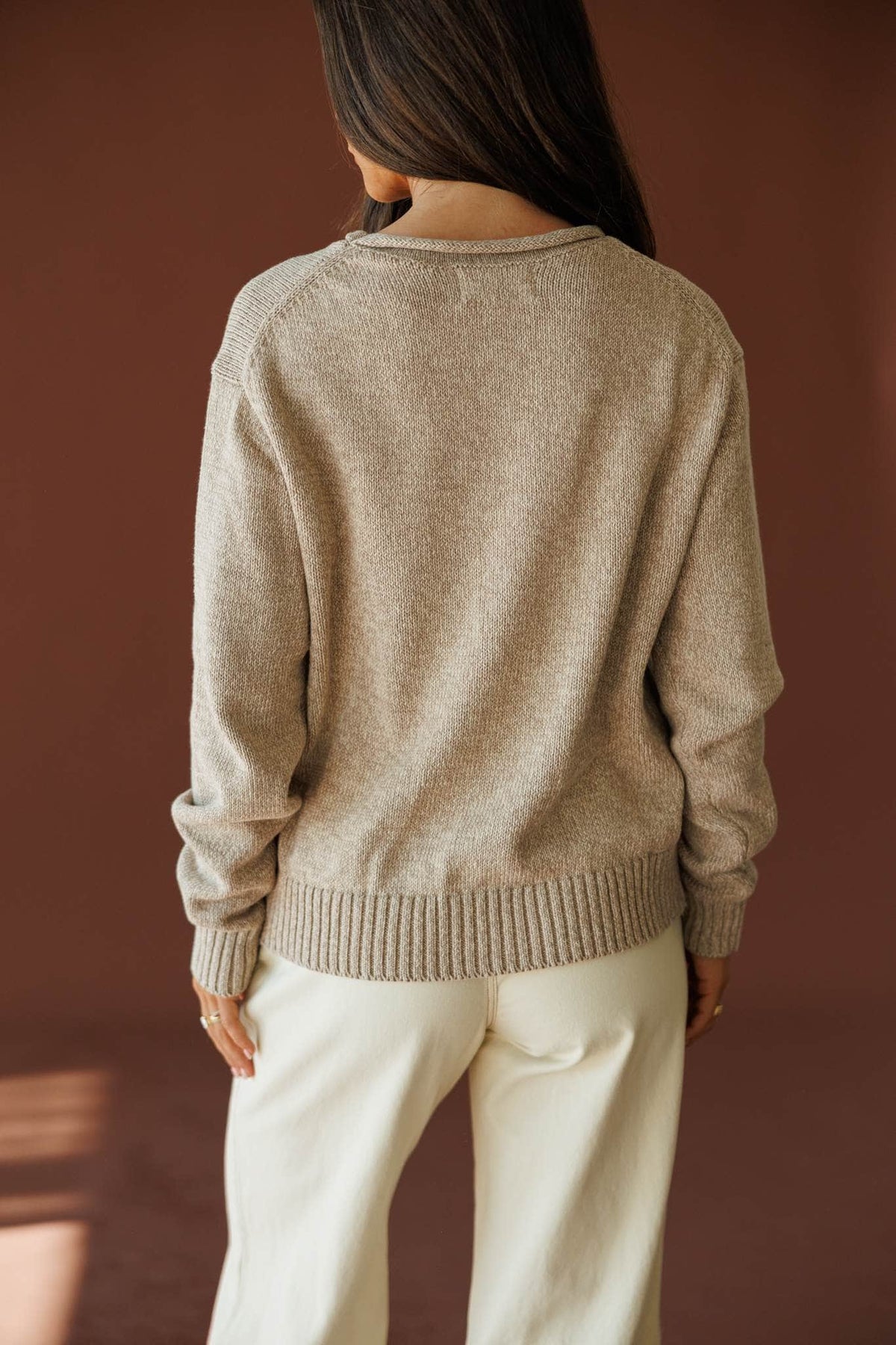 Manhattan Teddy Sweater in taupe, back view showing the oversized knit sweater