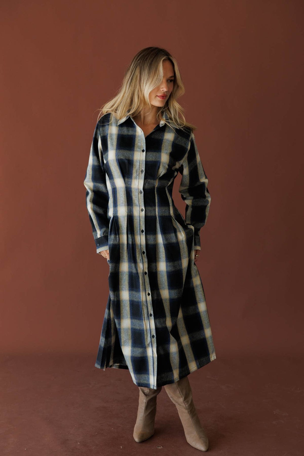 Navy and cream plaid button front midi dress, front view