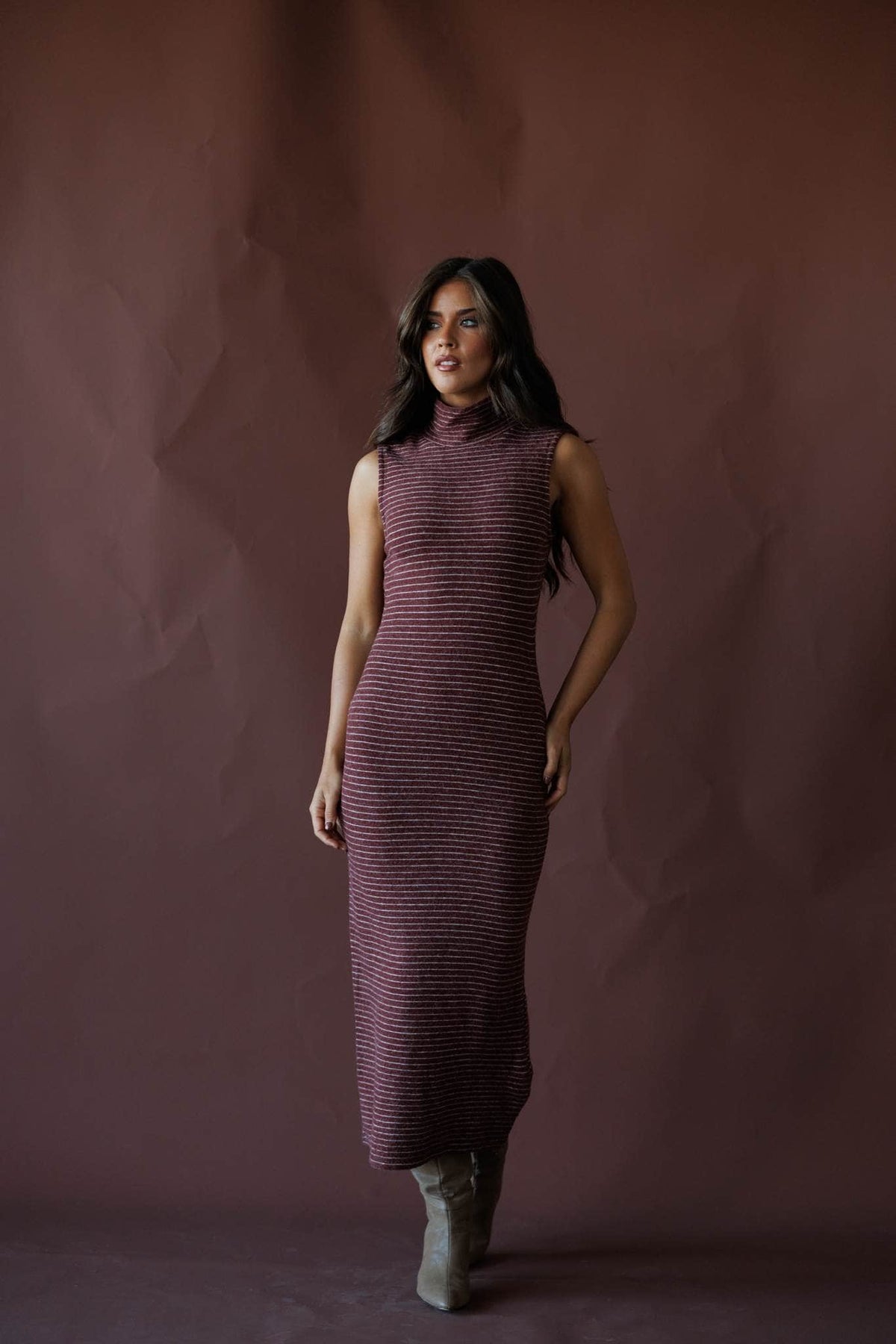 Merlot ribbed sleeveless midi dress, front view