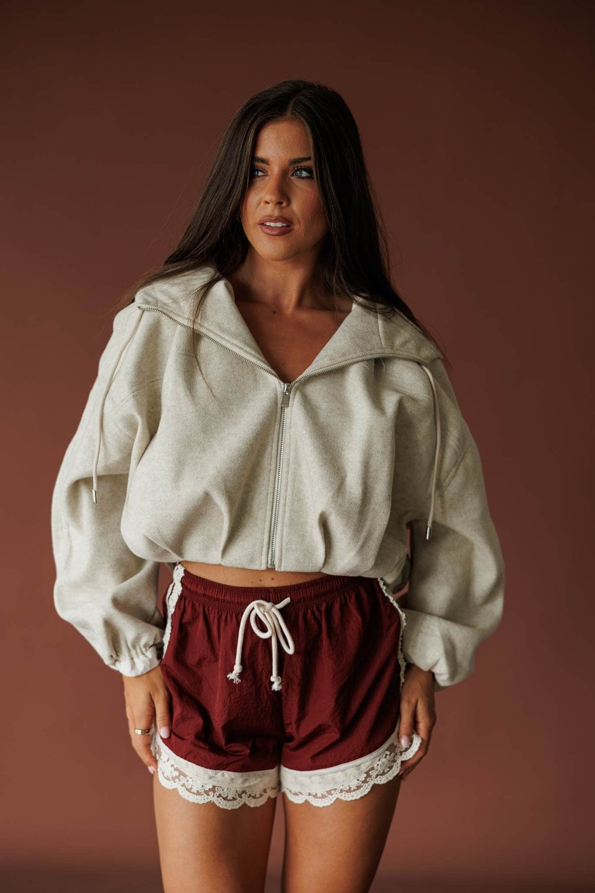 Light taupe cropped zip up hoodie