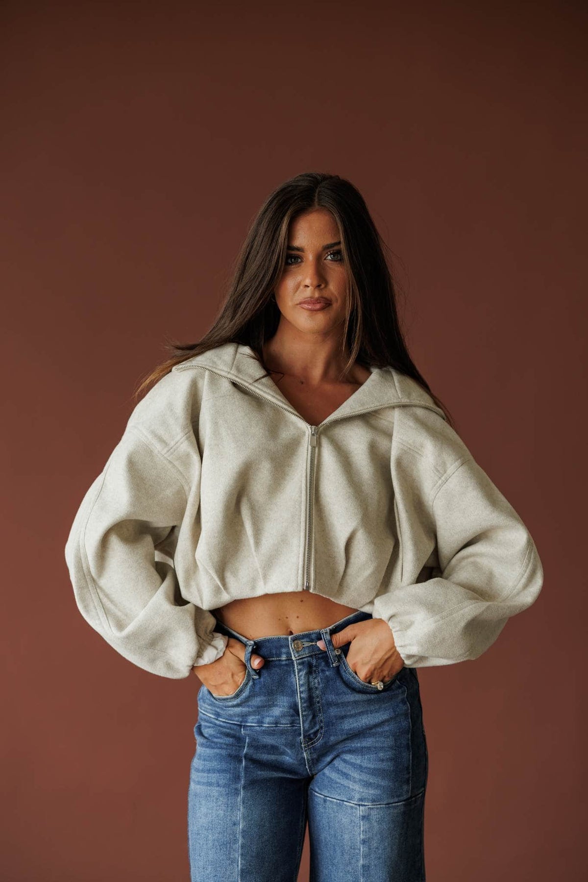 Light taupe cropped zip up hoodie