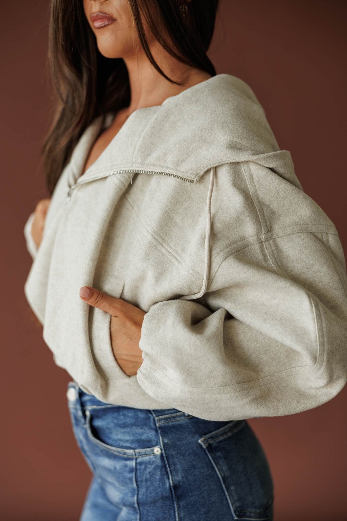 Light taupe cropped zip up hoodie