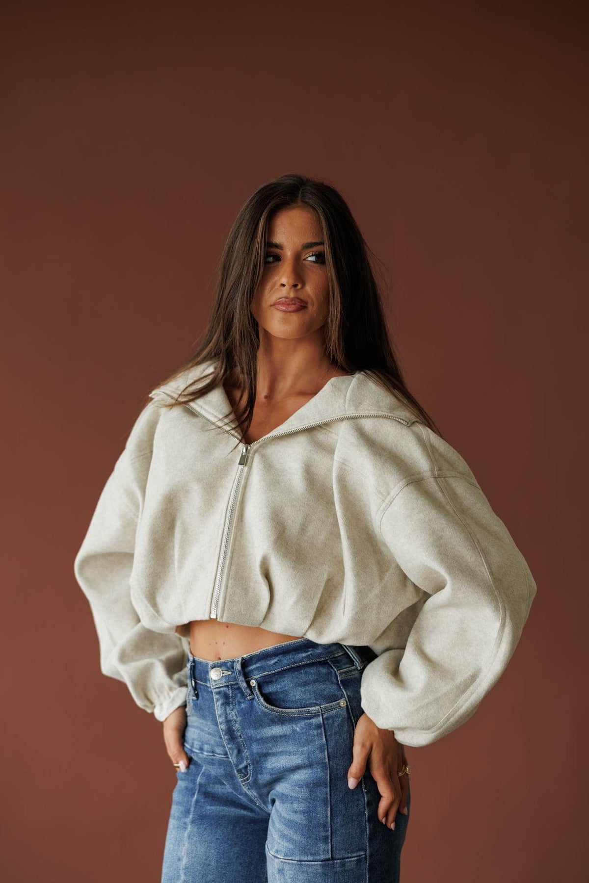 Light taupe cropped zip up hoodie, front view