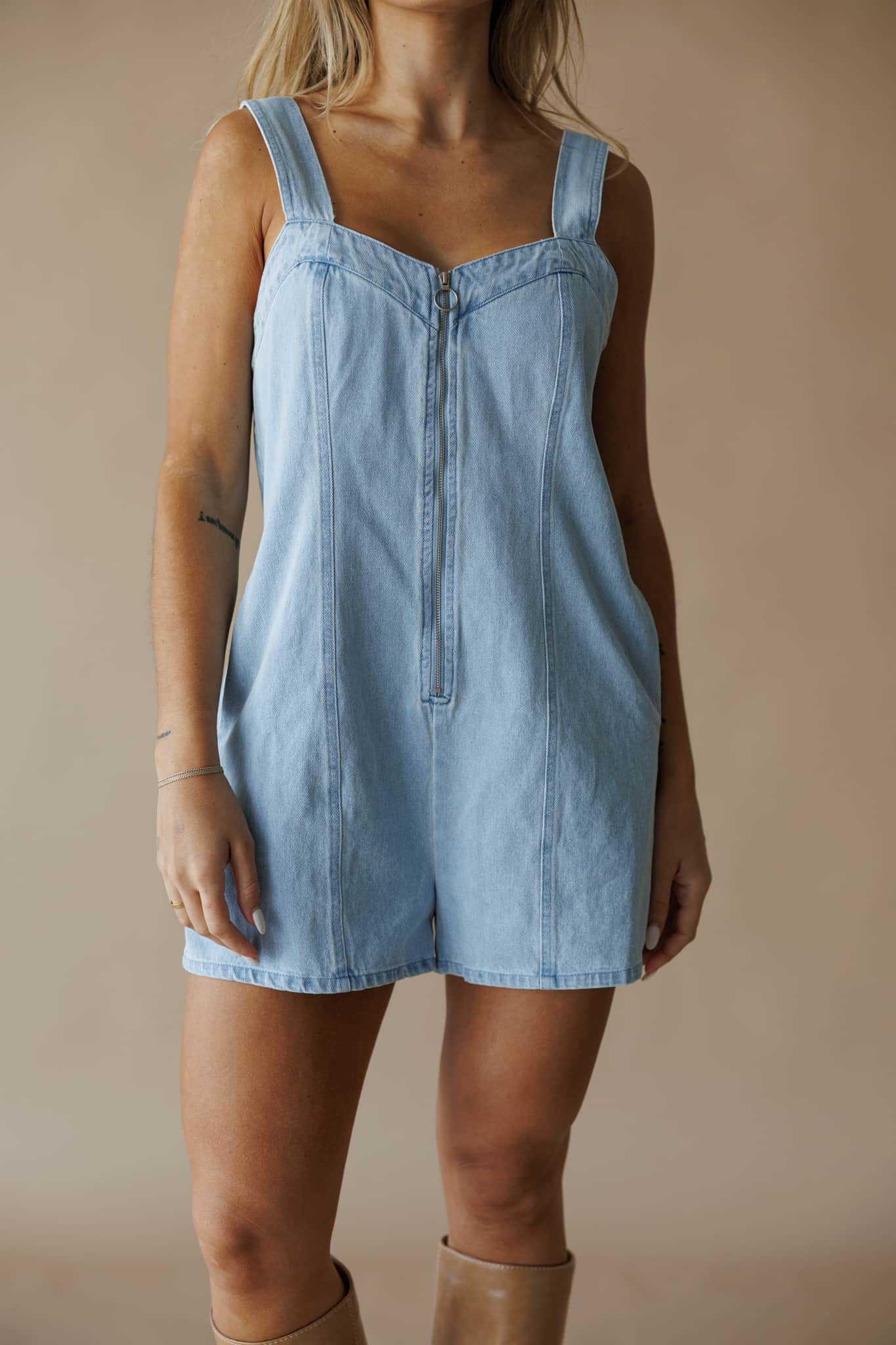 Zip Up Denim Romper