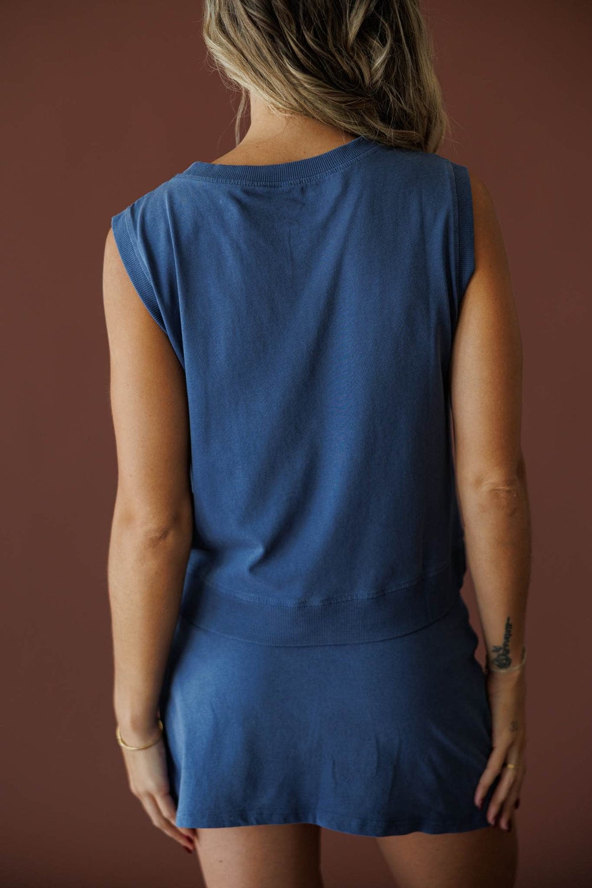 Morning Lineup Top in ocean, back view showing the boxy sleeveless top