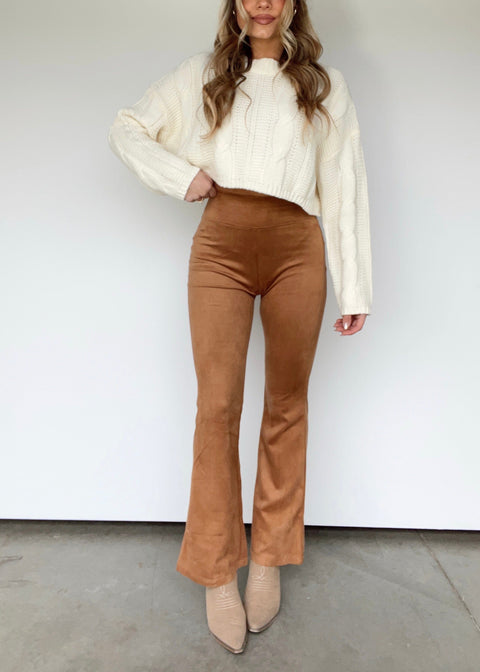 Topshop Faux Leather Flared Pants With Slit Hem In Neutral-brown | ModeSens