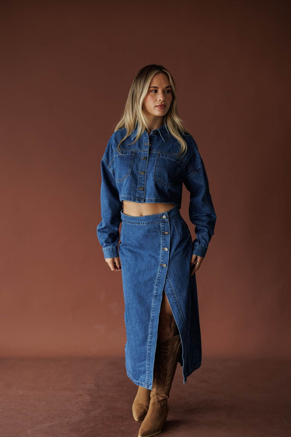 Indigo front slit denim midi skirt