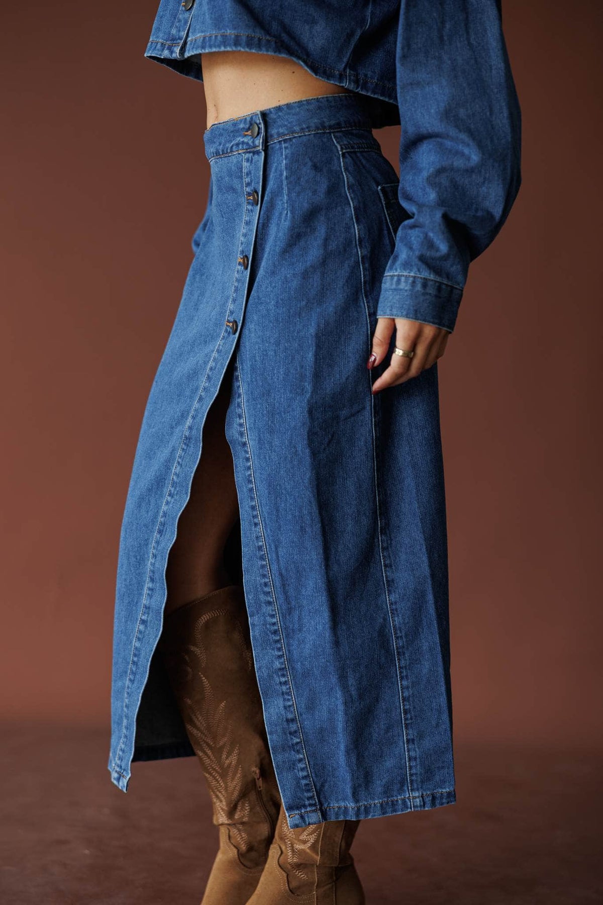 Indigo front slit denim midi skirt