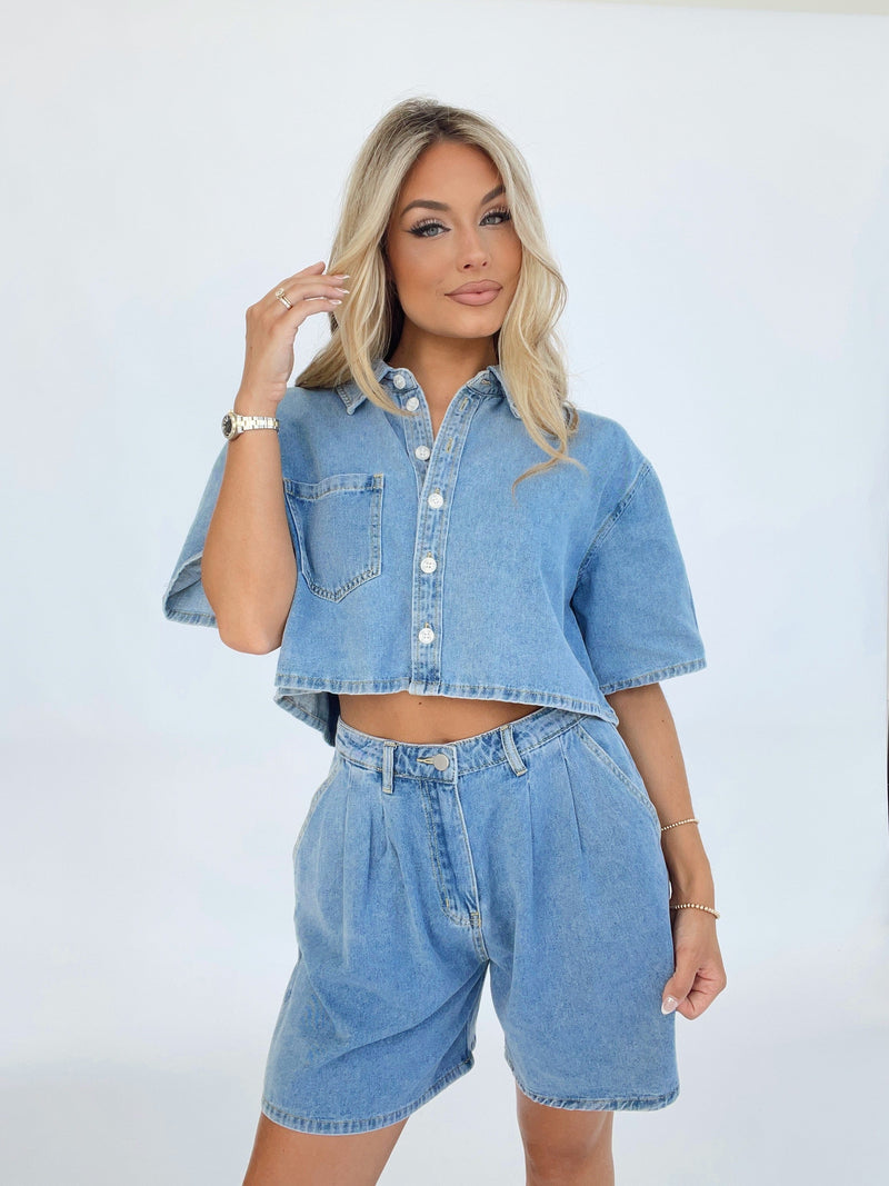MST7838T crop denim collared top MABLE