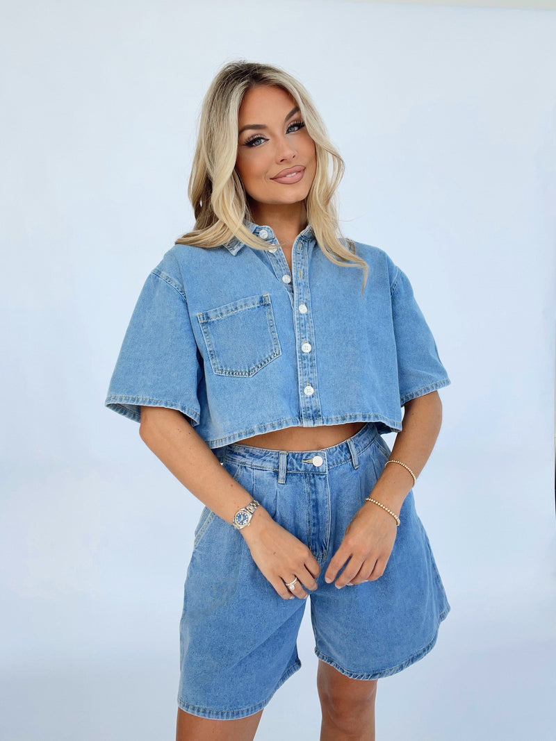 MST7838T crop denim collared top MABLE