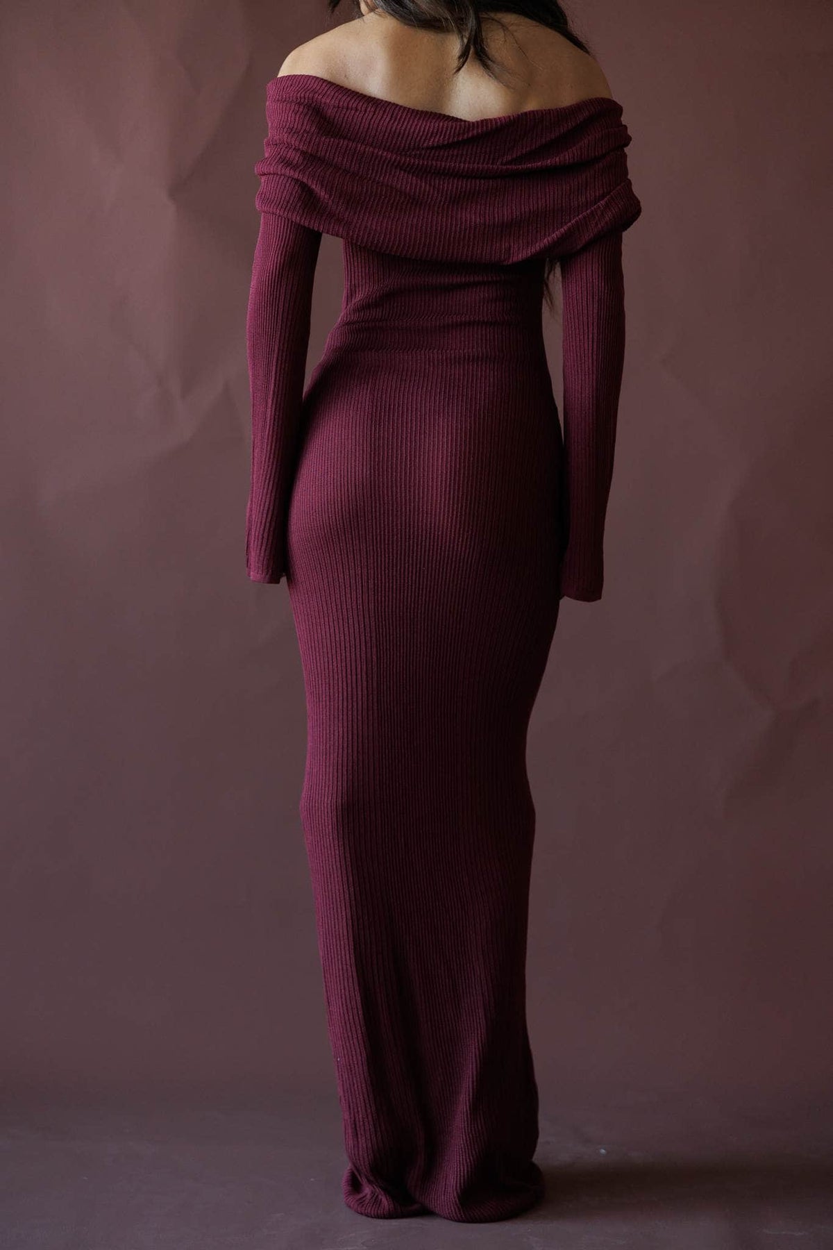 Burgundy off the shoulder knit maxi dress