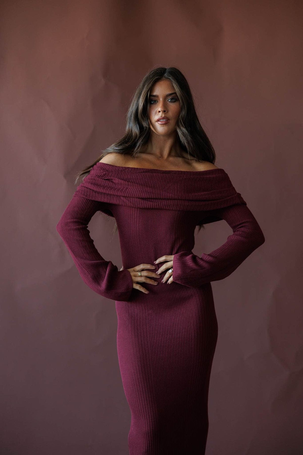 Burgundy off the shoulder knit maxi dress