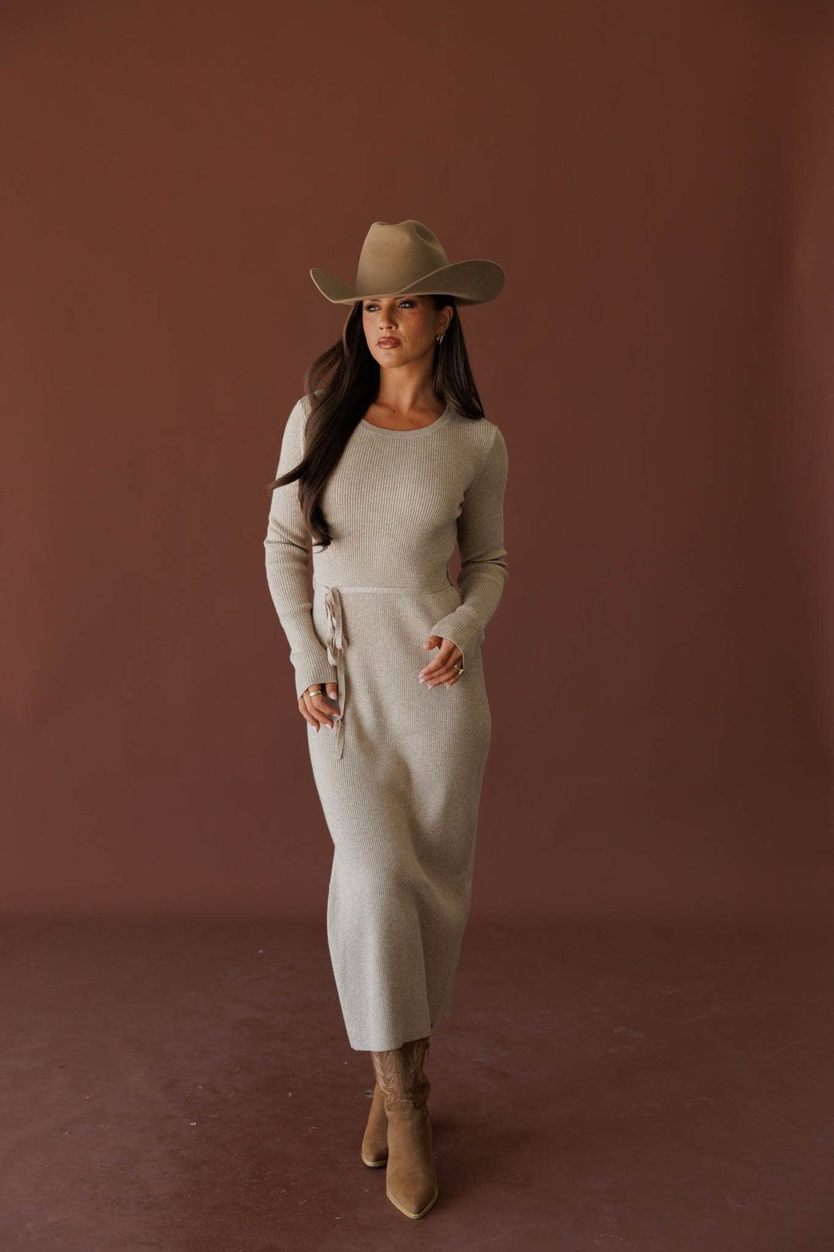 Taupe knit midi dress, front view