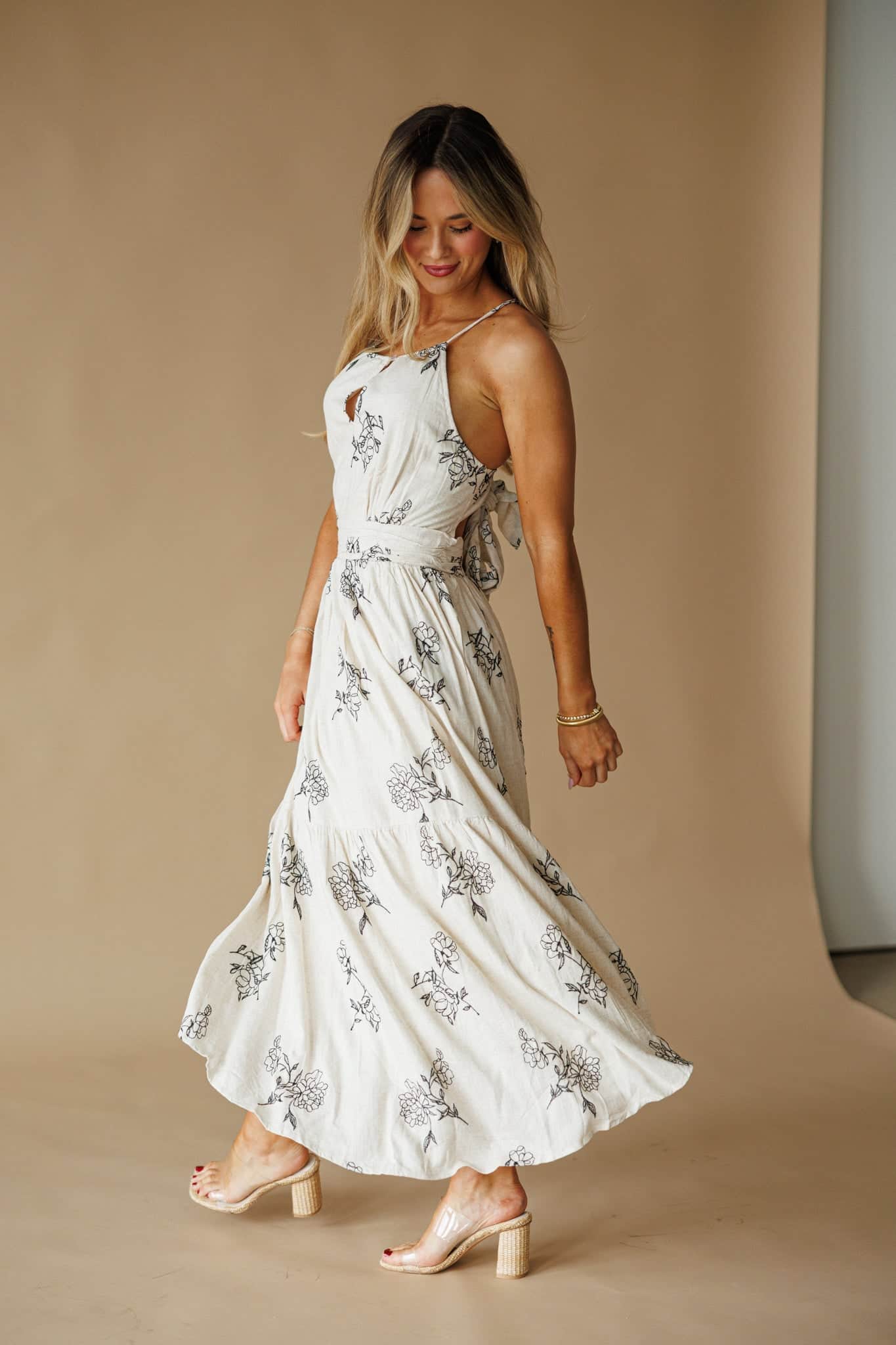 Natural Floral Linen Dress