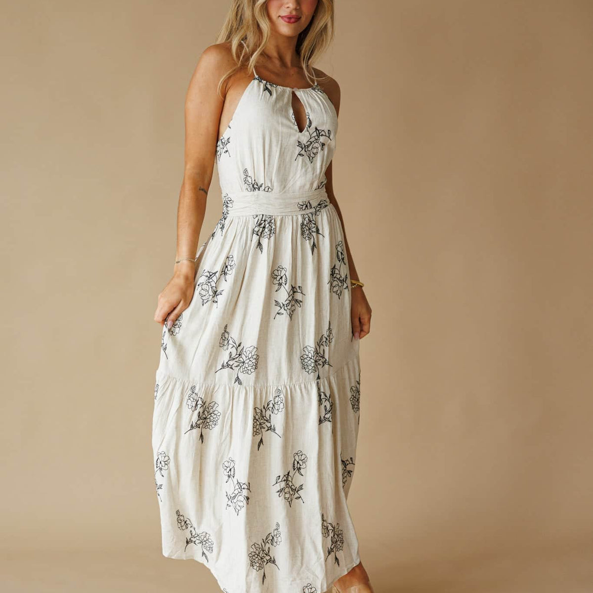 Natural Floral Linen Dress L Ivory/Black by Lane 201 Natural Floral Linen Dress L Ivory/Black by Lane 201